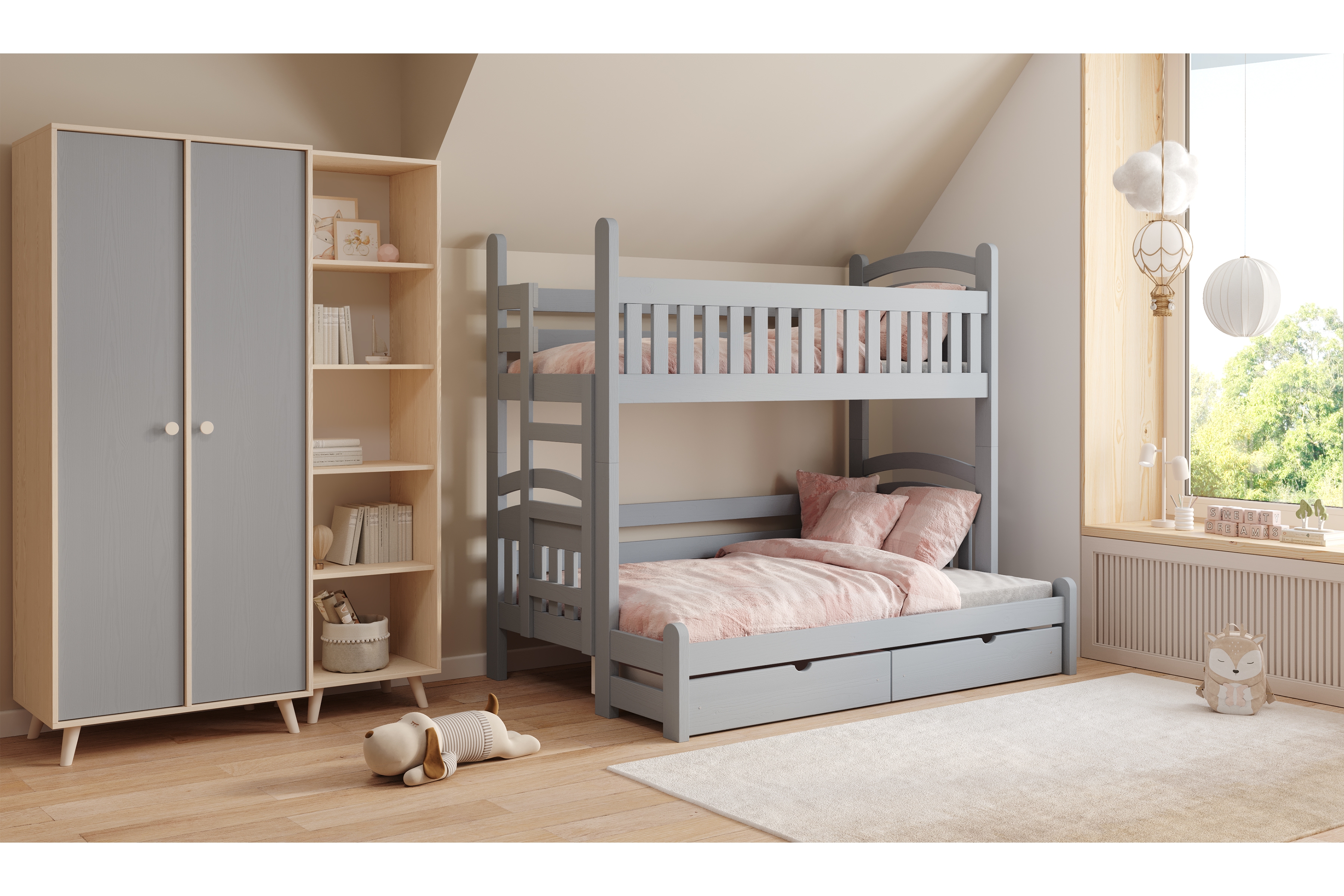 Patrová postel Amely Maxi levá 80x200 / 120x200 cm - šedá Postel patrová  Amely Maxi 80x200/120x200 levá - šedá