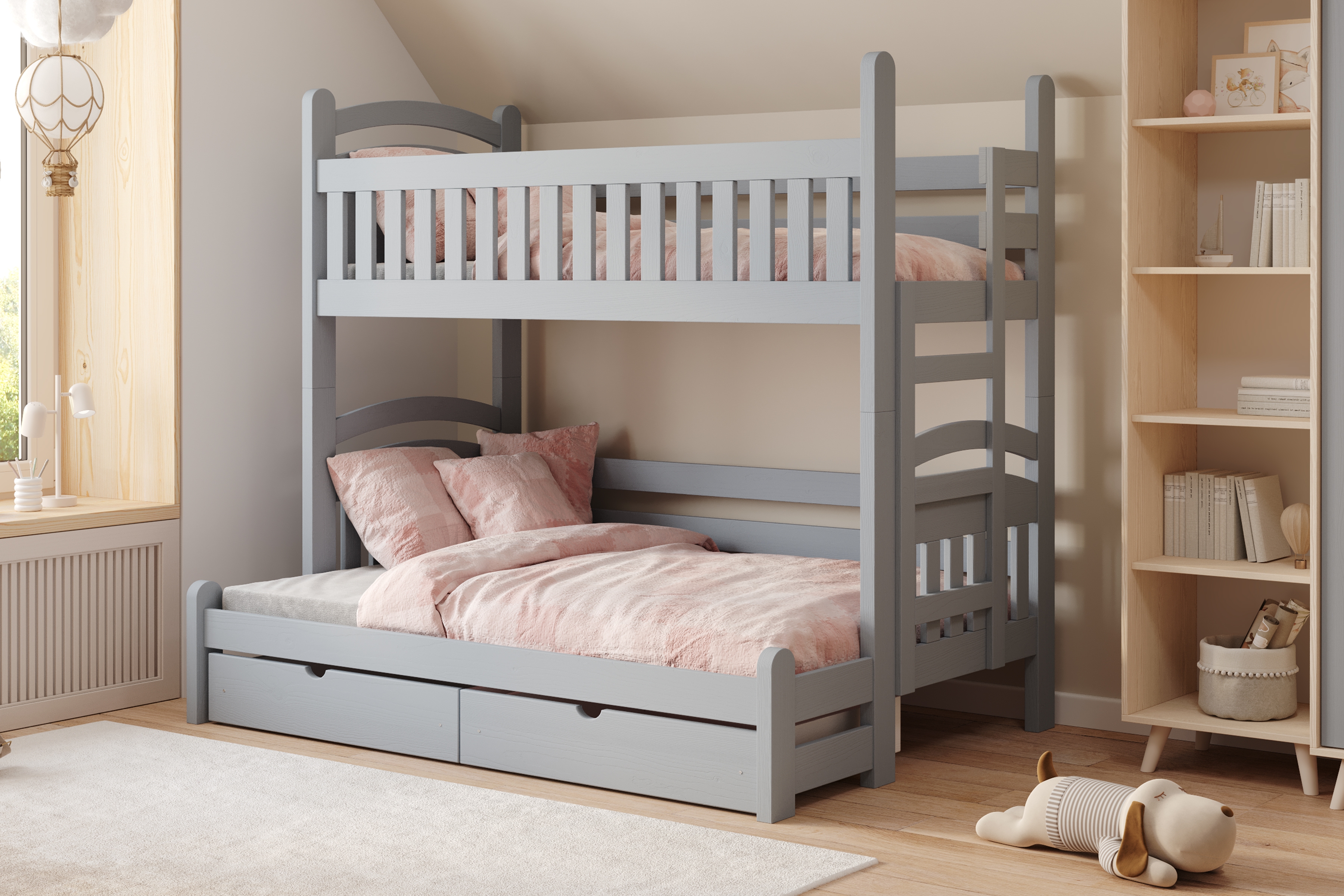 Patrová postel Amely Maxi pravá 80x200 / 120x200 cm - šedá Postel patrová  Amely Maxi 80x200/120x200 pravá - šedá