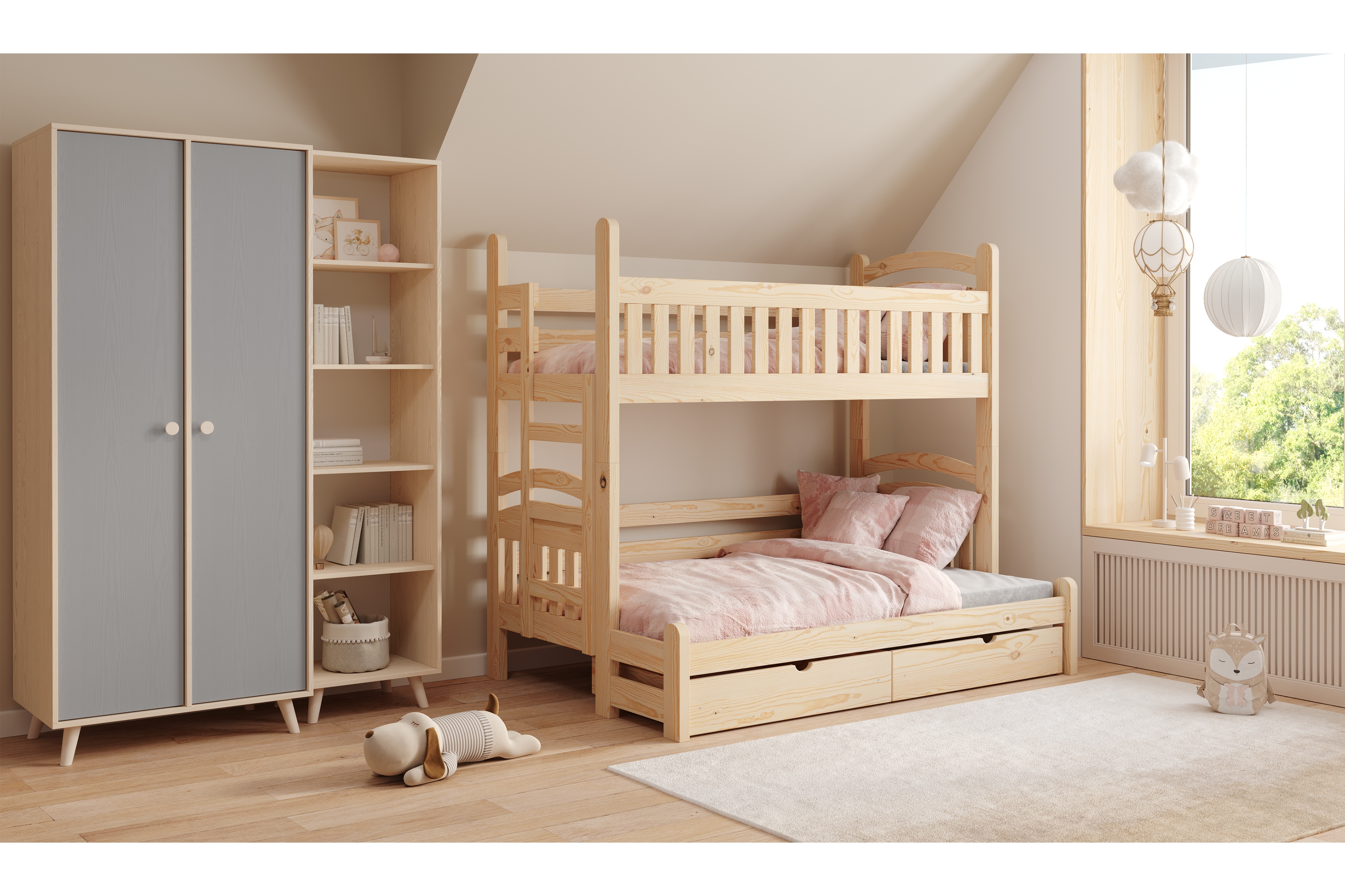 Detská poschodová posteľ Amely Maxi ľavá 90x200/120x200 cm - borovica Posteľ poschodová Amely Maxi 90x200/120x200 ľavá strana - Borovica