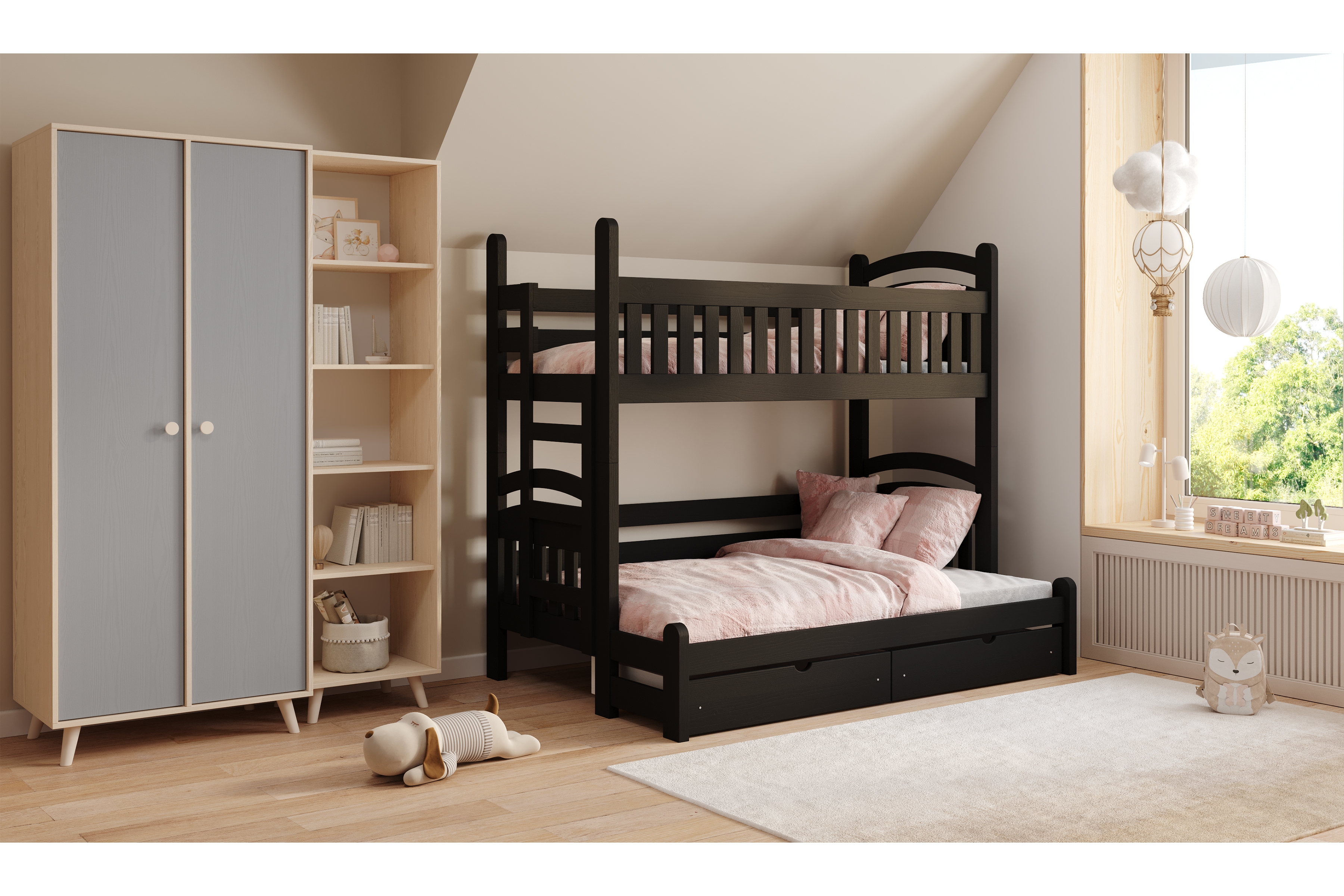 Poschodová posteľ Amely Maxi ľavá - 90x200/140x200 cm - čierna Posteľ poschodová Amely Maxi 90x200/140x200 ľavá strana - čierny