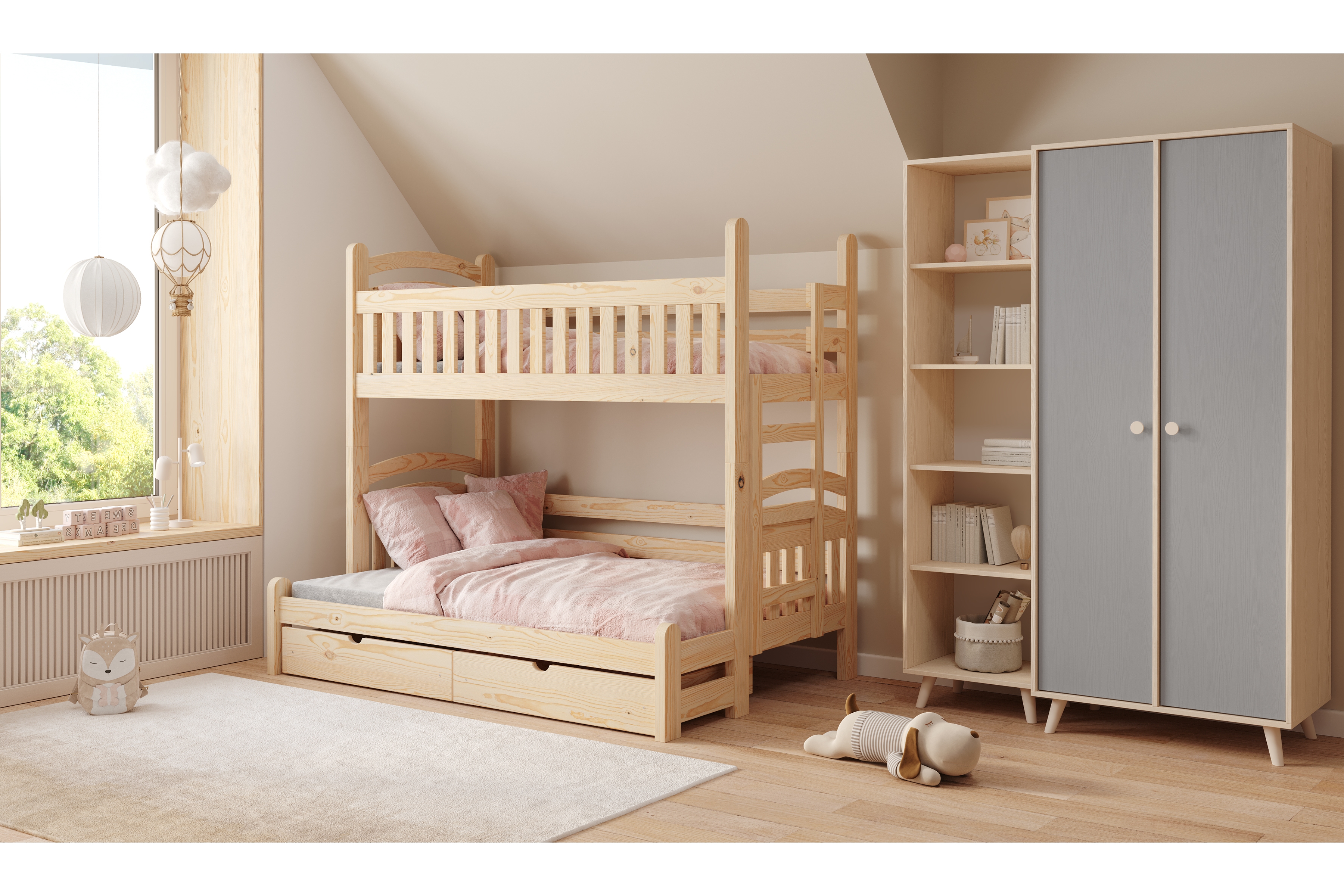 Patrová postel Amely Maxi pravá 90x200 / 140x200 cm - borovice Postel patrová  Amely Maxi 90x200/140x200 pravá - borovice