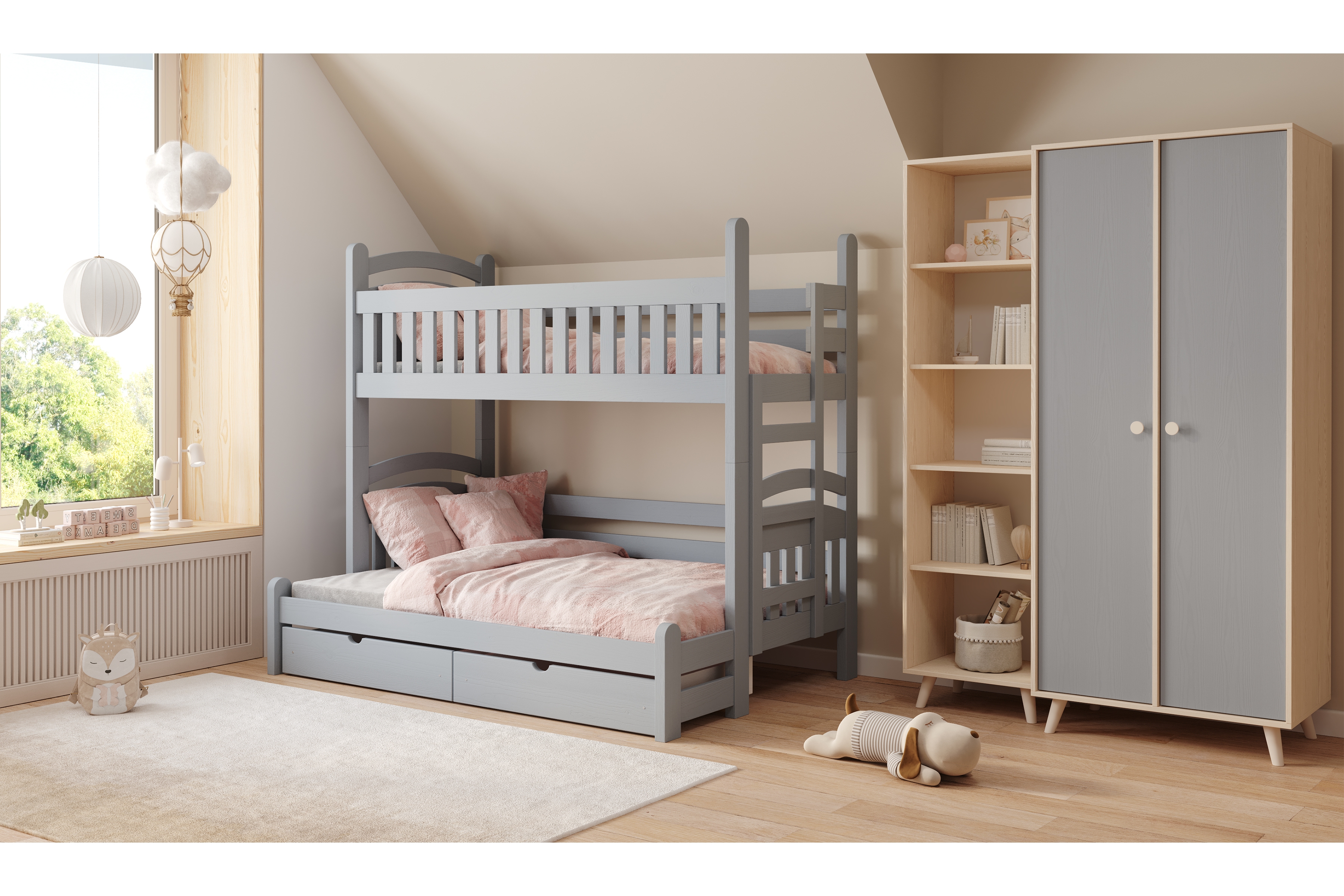 Patrová postel Amely Maxi pravá 90x200 / 140x200 cm - šedá Postel patrová  Amely Maxi 90x200/140x200 pravá - šedá