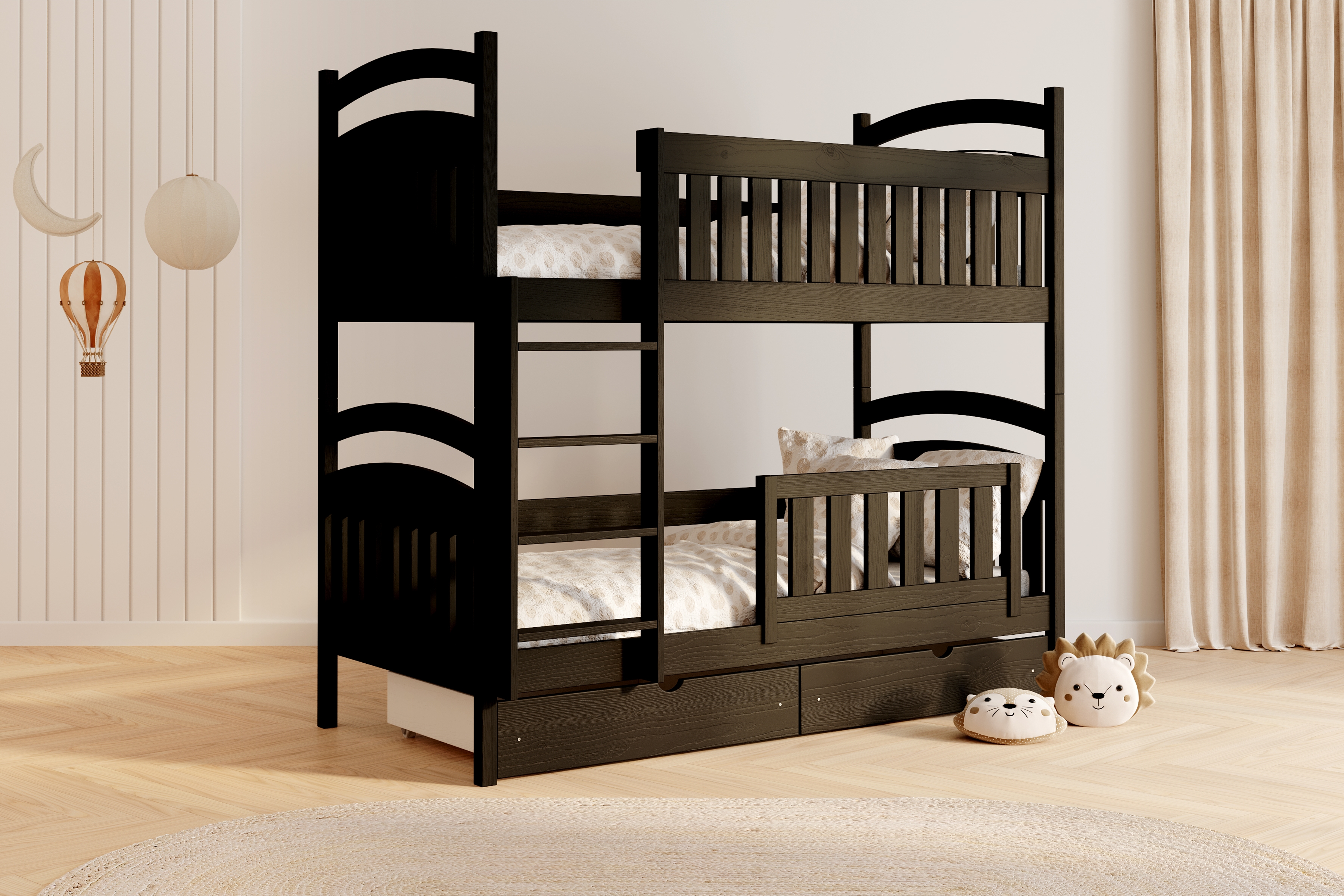 Dřevěná patrová postel Amely 90x190 - černá Postel patrová  Amely se zásuvkami - 90x190 / černá 