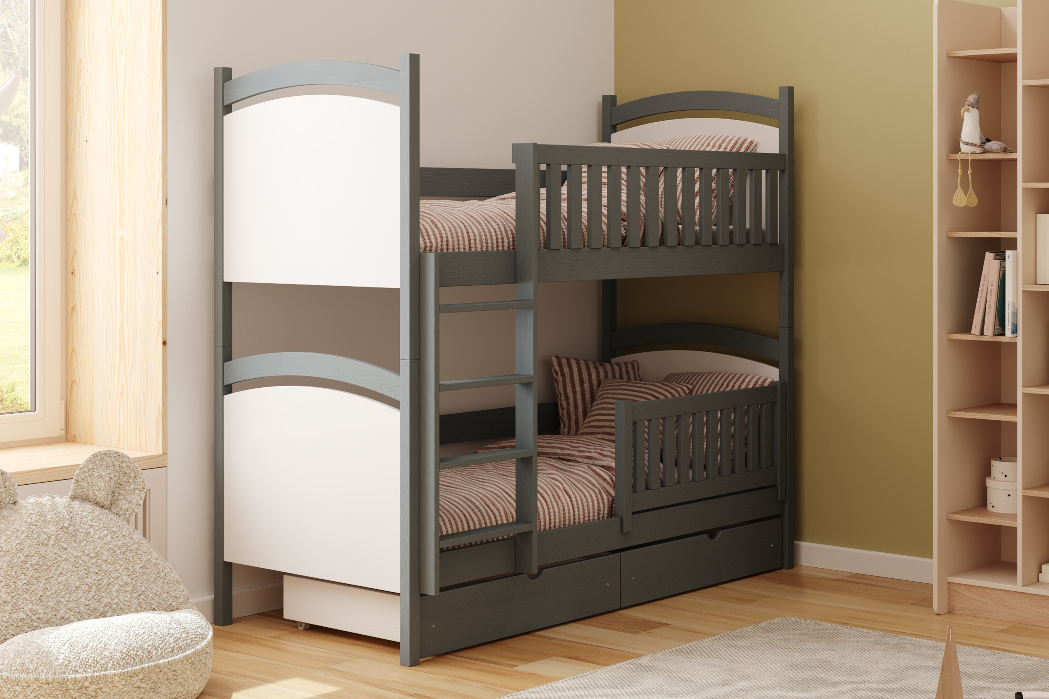 Poschodová posteľ Amely s tabuľou stierateľnou za sucha - 80x180 cm - grafitová Posteľ poschodová Amely z tablica suchoscieralna - grafit / 80x180