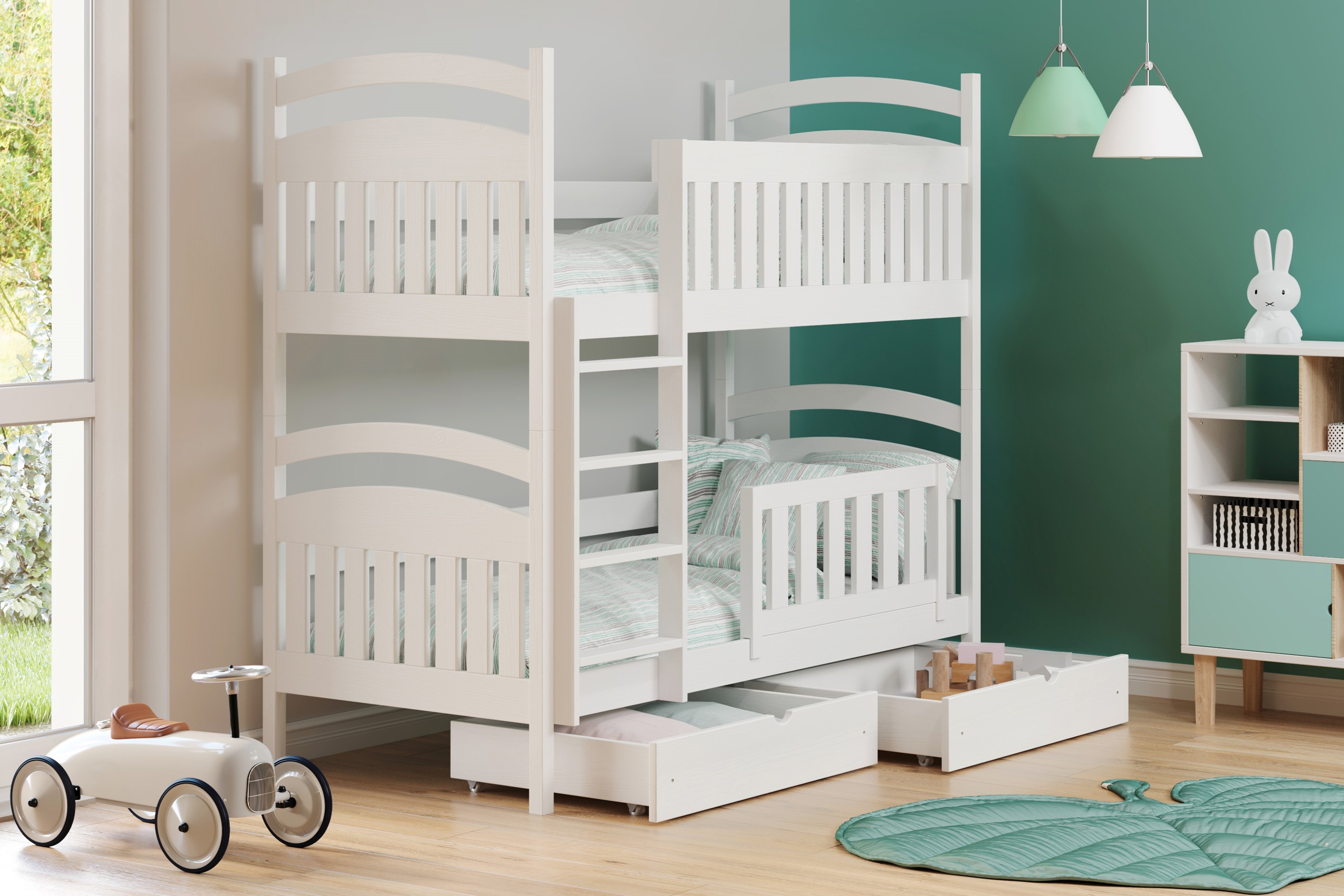 Detská poschodová posteľ Amely s zásuvkami 80x200 cm - biela Posteľ poschodová drevená Amely so zásuvkami - 80x200 / Biely 