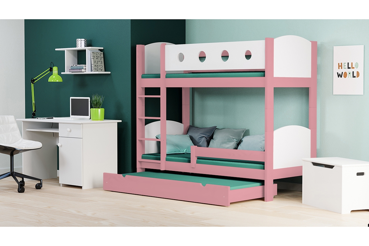 Poschodová drevená posteľ Feliks II 3 os. rozowe Posteľ z drabinka