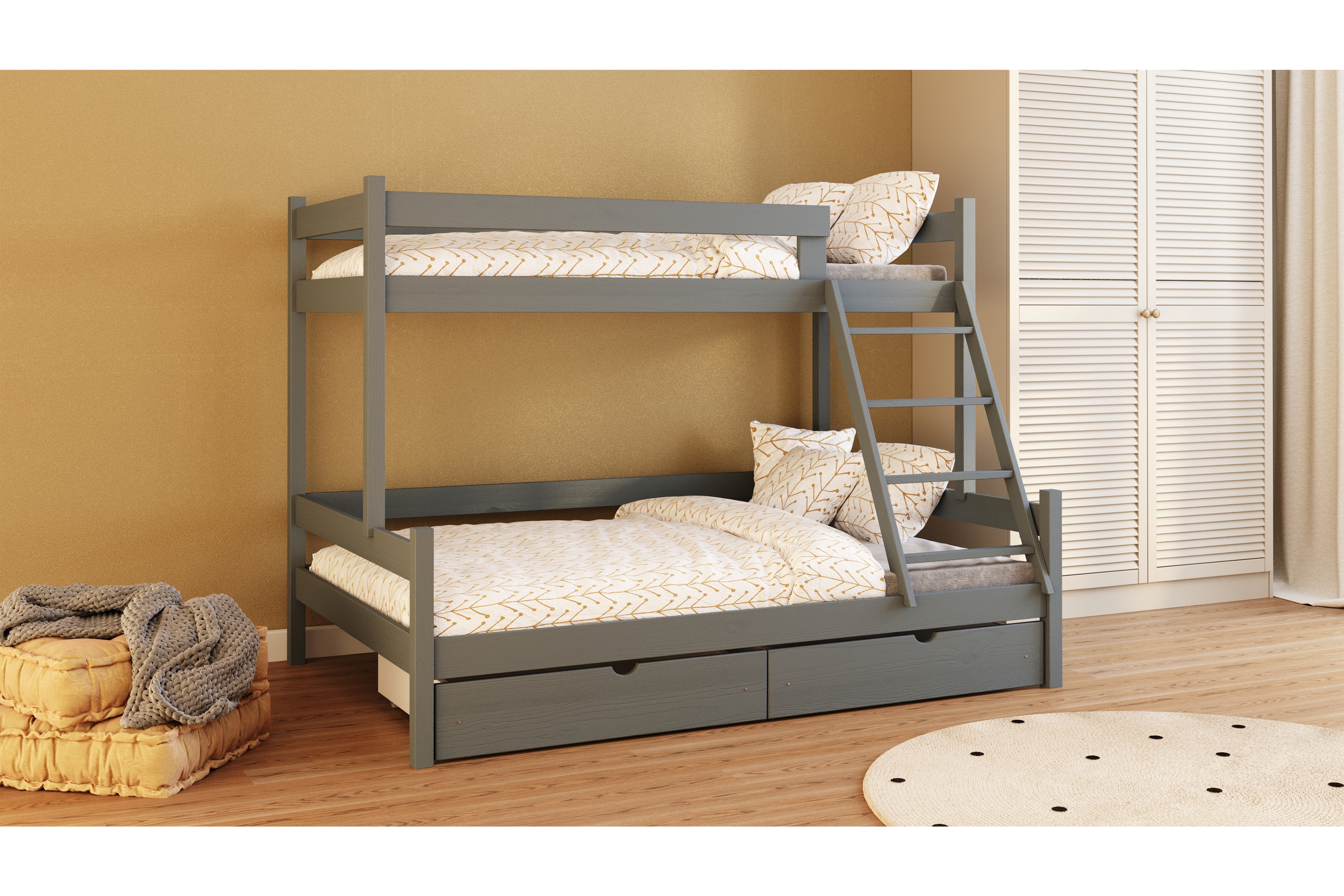 Patrová postel Poli 90x180 cm se zásuvkami - grafit Postel patrová  dřevěná Poli se zásuvkami - 90x180/120x180 / grafit