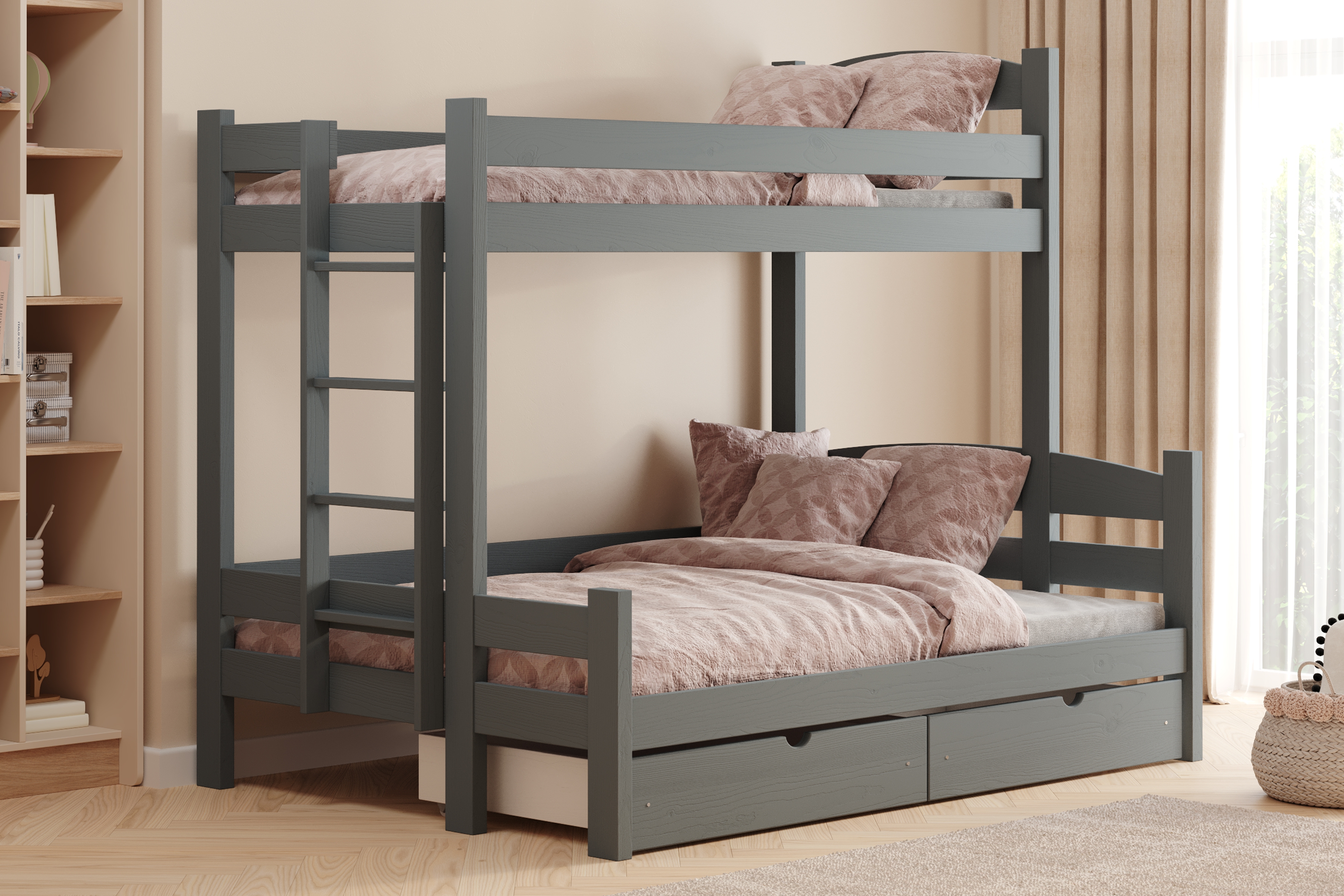 Poschodová posteľ Lovic so zásuvkami ľavá - grafit, 80x200/120x200 Posteľ poschodová Lovic 80x200/120x200 so zásuvkami ľavá strana - grafit 