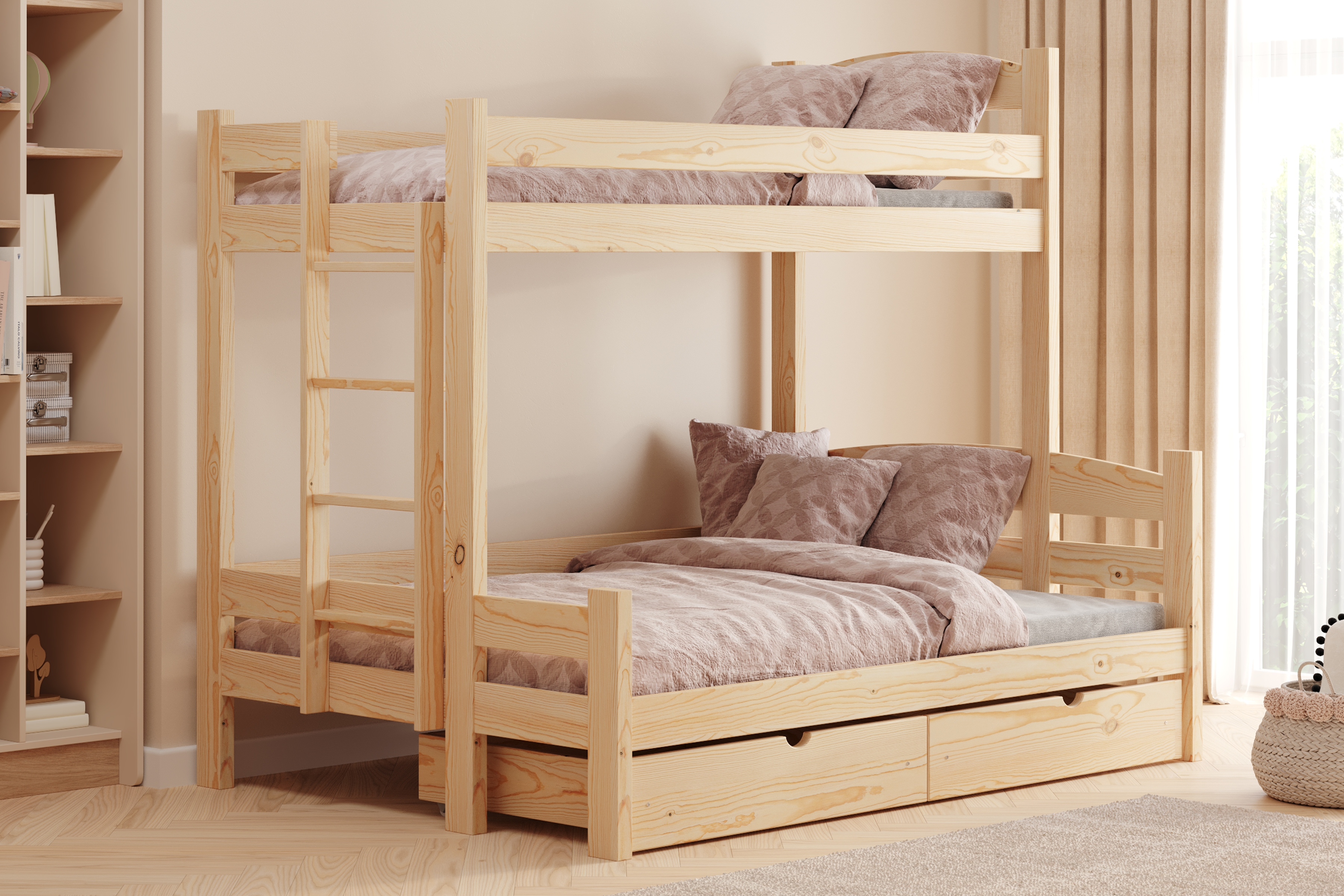 Poschodová posteľ Lovic so zásuvkami ľavá - borovica, 80x200/120x200 Posteľ poschodová Lovic 80x200/120x200 so zásuvkami ľavá strana - Borovica