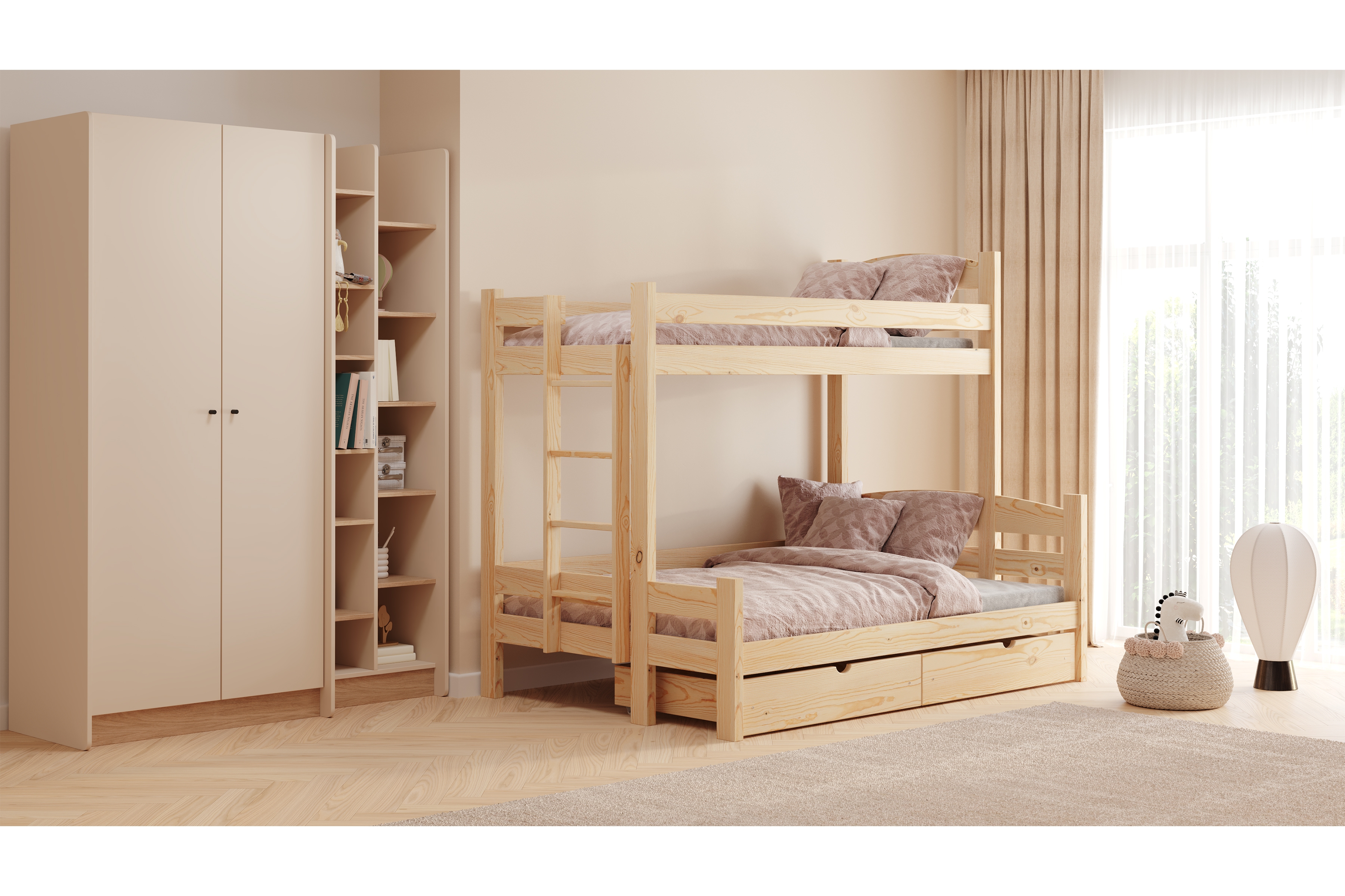 Poschodová posteľ Lovic so zásuvkami ľavá - borovica, 80x200/120x200 Posteľ poschodová Lovic 80x200/120x200 so zásuvkami ľavá strana - Borovica