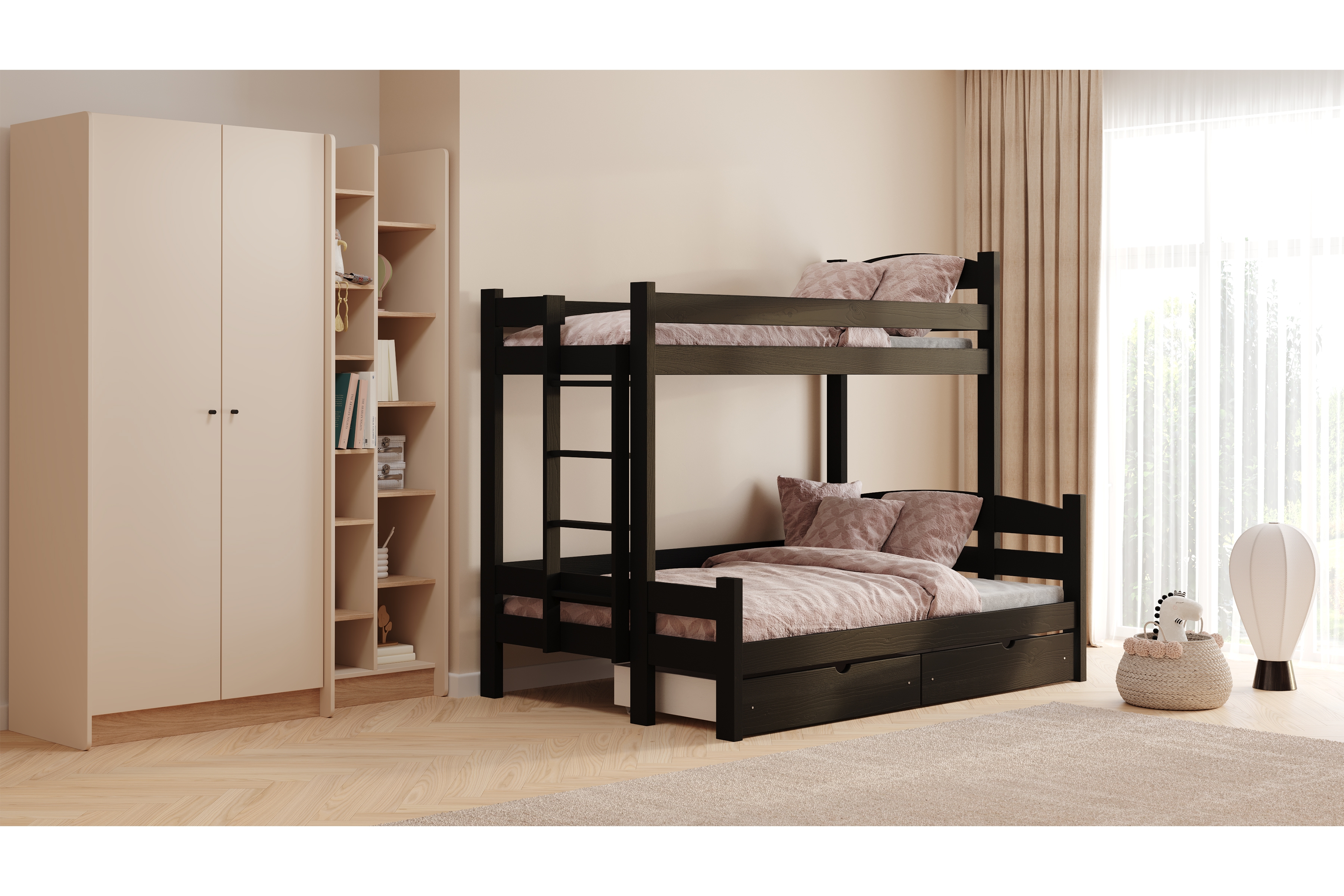 Patrová postel Lovic levá 80x200/140x200 cm - černá Postel patrová  Lovic 80x200/140x200 se zásuvkami levá - černá