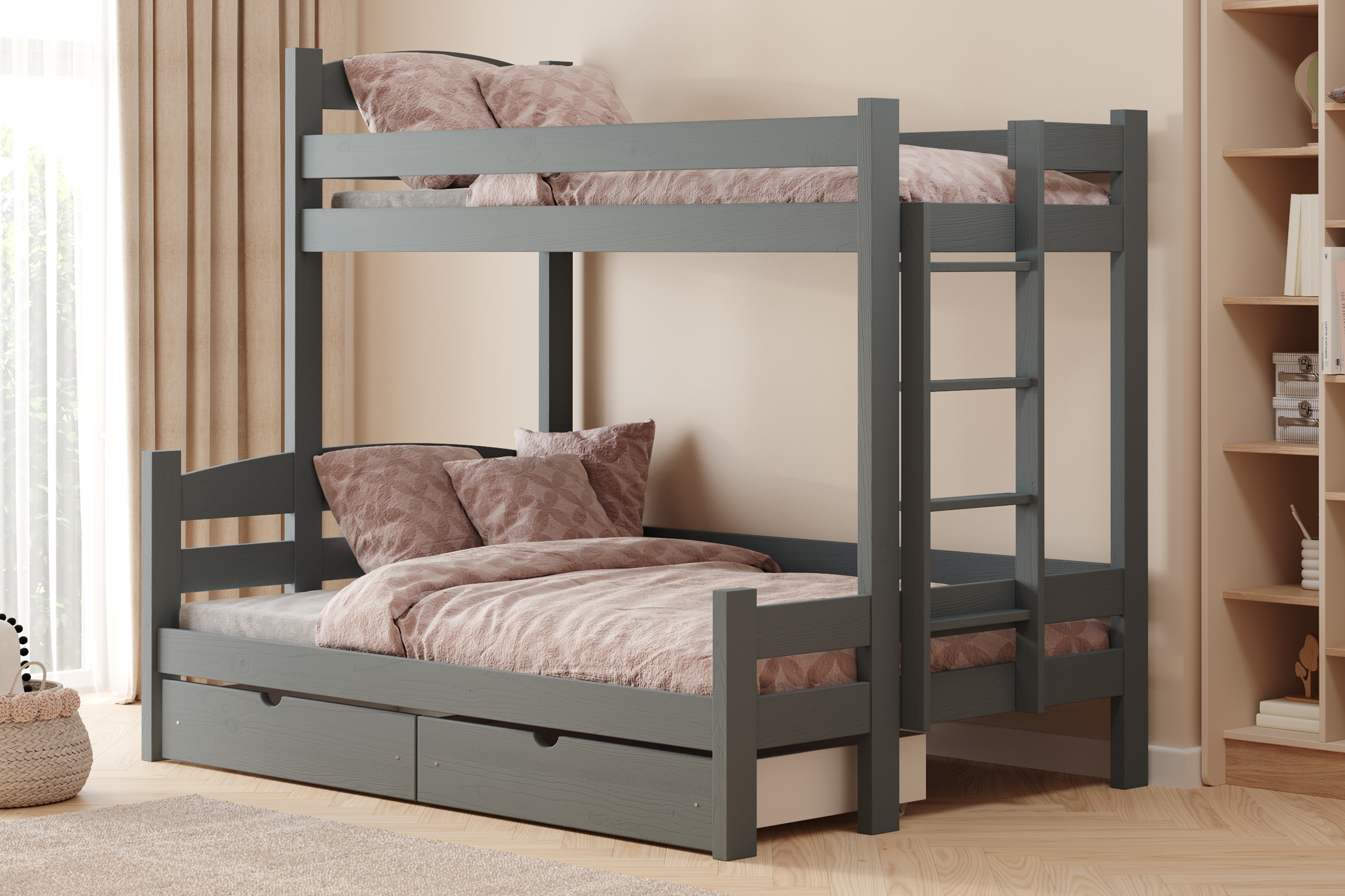 Patrová postel Lovic pravá 80x200/140x200 cm - grafitová Postel patrová  Lovic 80x200/140x200 se zásuvkami pravá - grafit