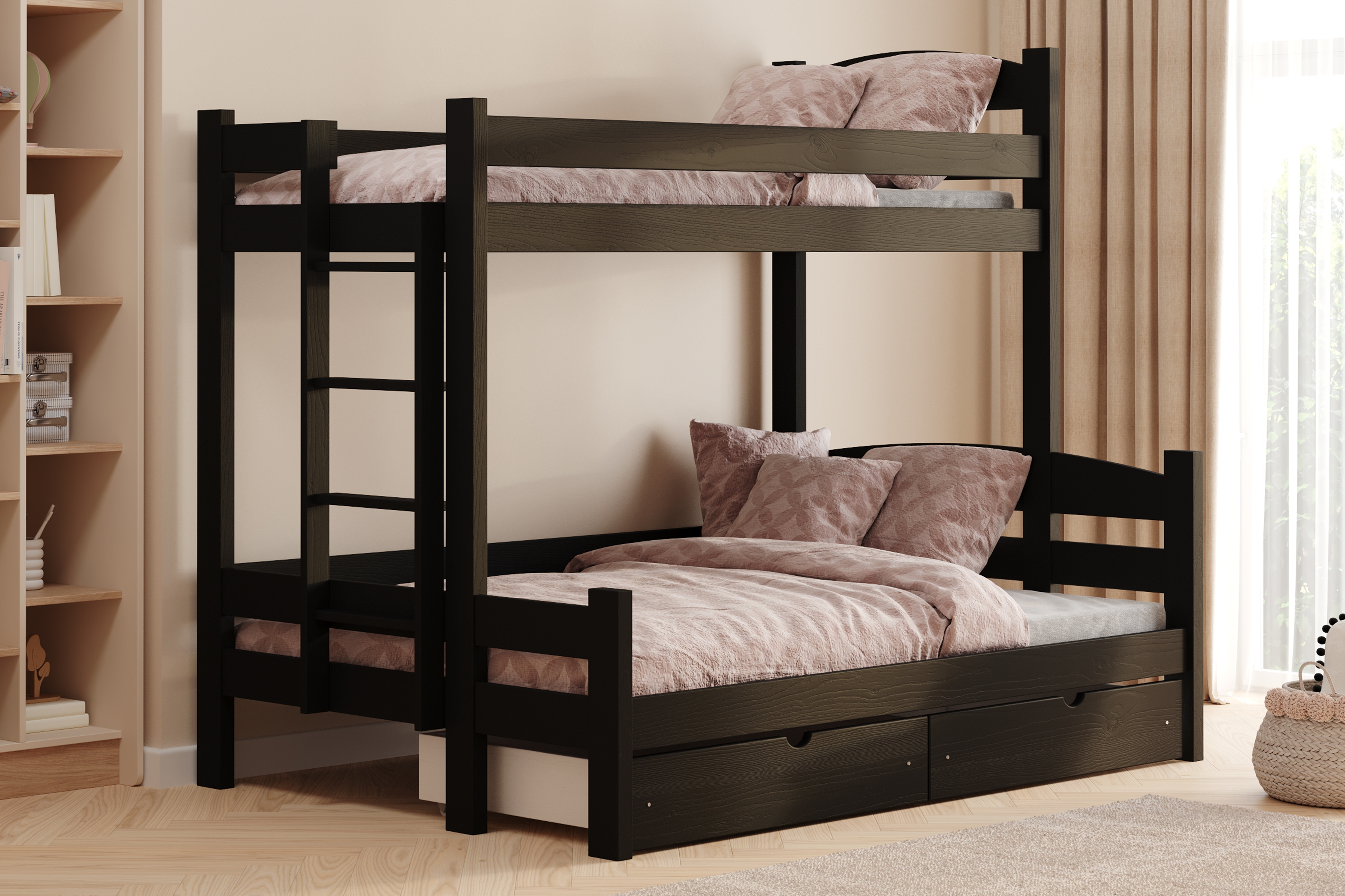 Poschodová posteľ Lovic so zásuvkami ľavá - 90x200/120x200 cm - čierna Posteľ poschodová Lovic 90x200/120x200 so zásuvkami ľavá strana - Čierny