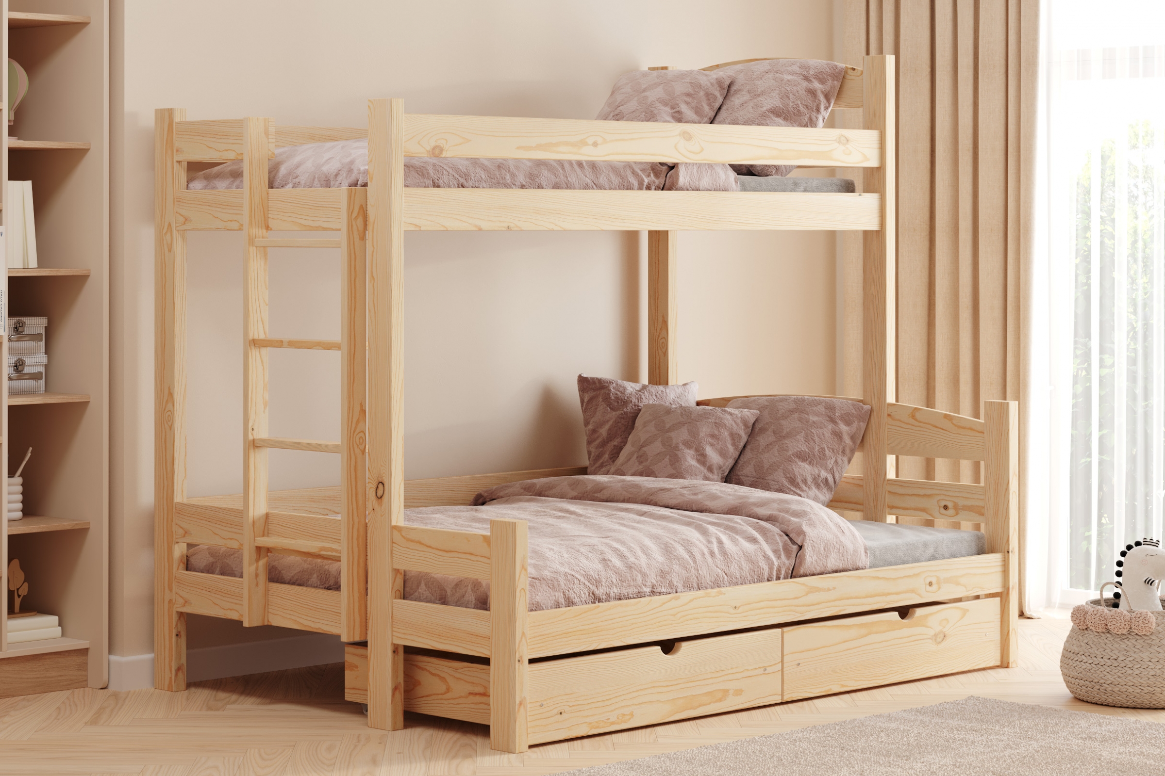 Patrová postel Lovic levá 90x200/120x200 cm - borovice Postel patrová  Lovic 90x200/120x200 se zásuvkami levá - borovice