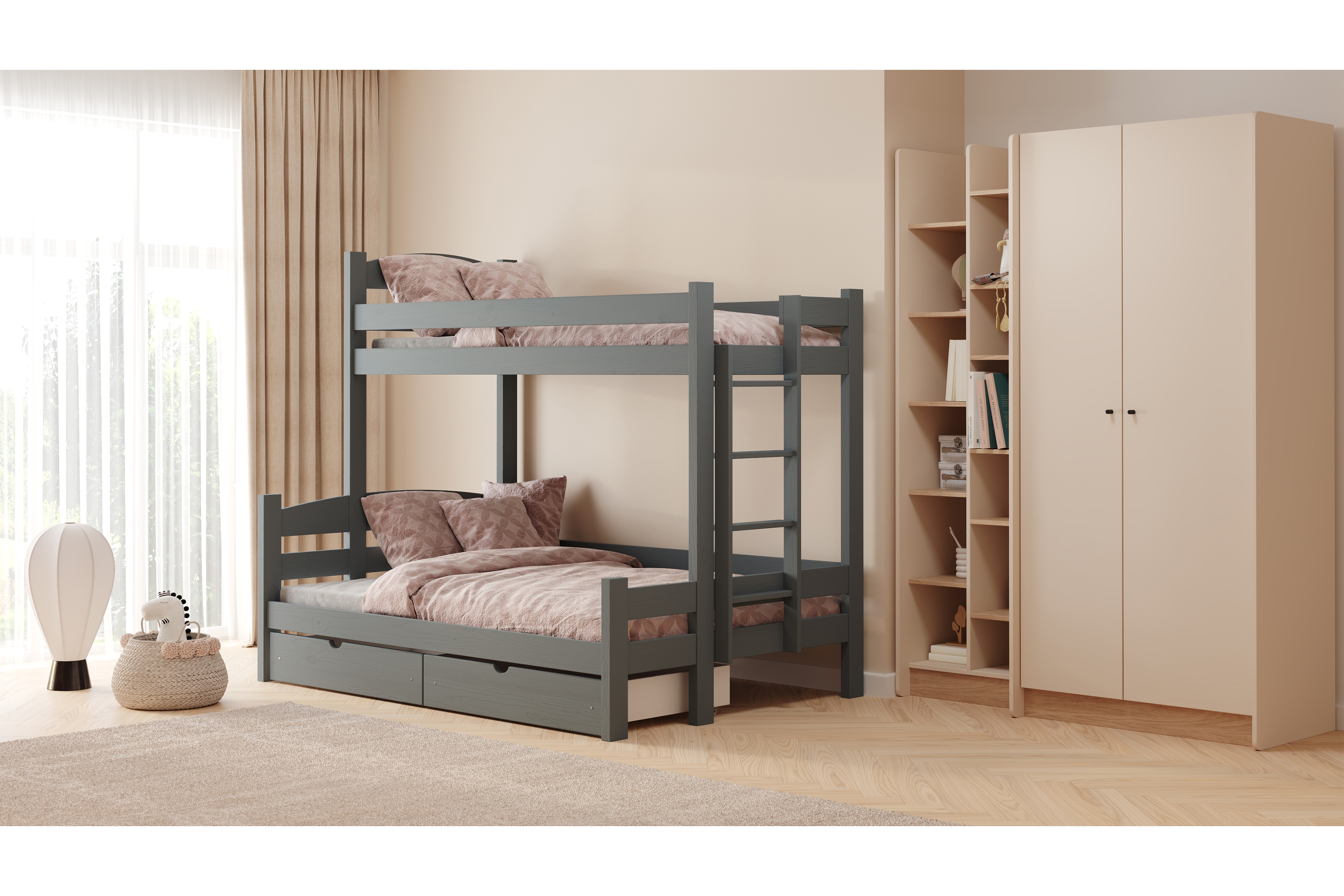 Patrová postel Lovic pravá 90x200/120x200 cm - grafitová Postel patrová  Lovic 90x200/120x200 se zásuvkami pravá - grafit