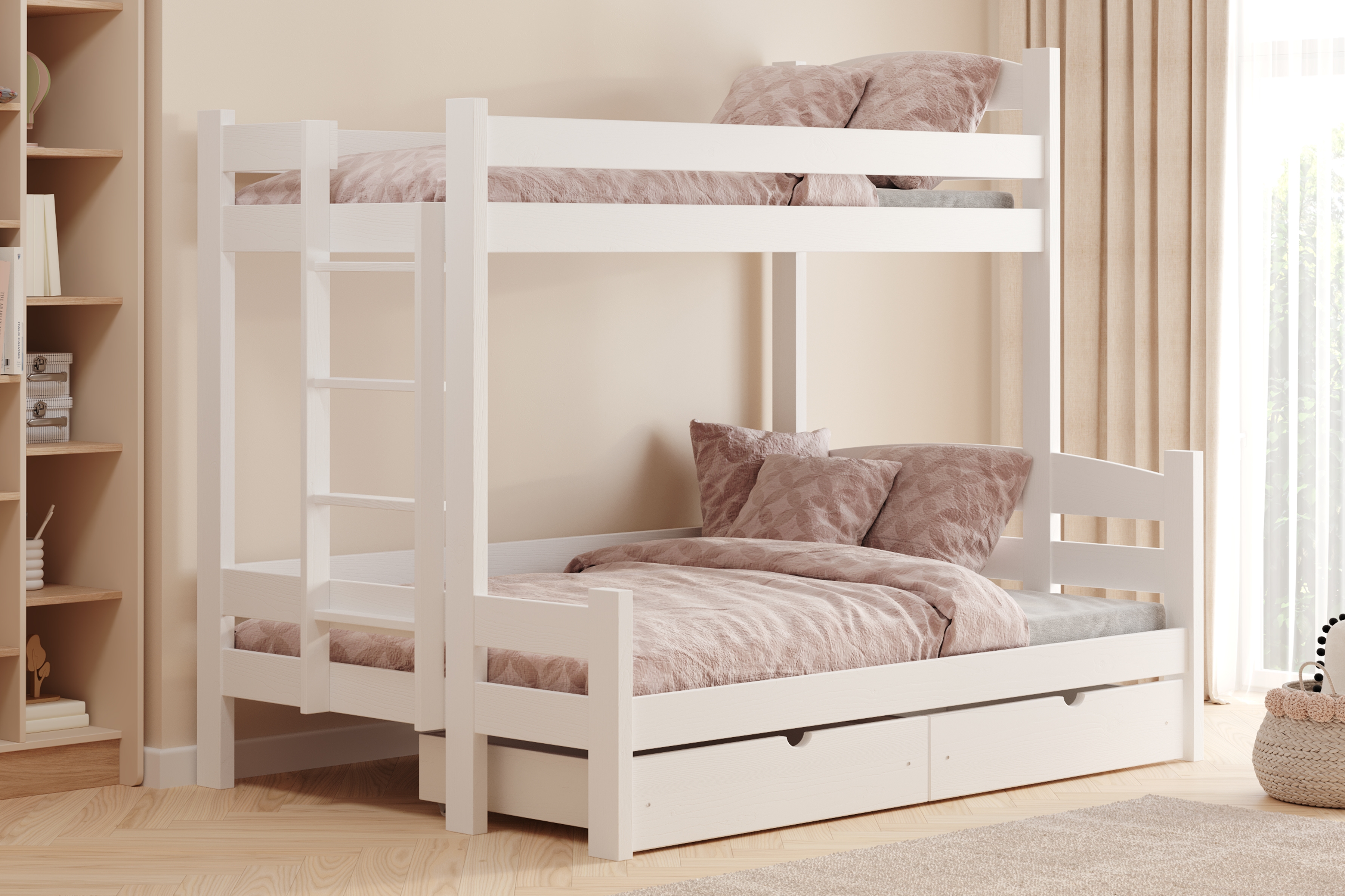 Poschodová posteľ Lovic ľavá - 90x200/140x200 cm - biela Posteľ poschodová Lovic 90x200/140x200 so zásuvkami ľavá strana - Biely 