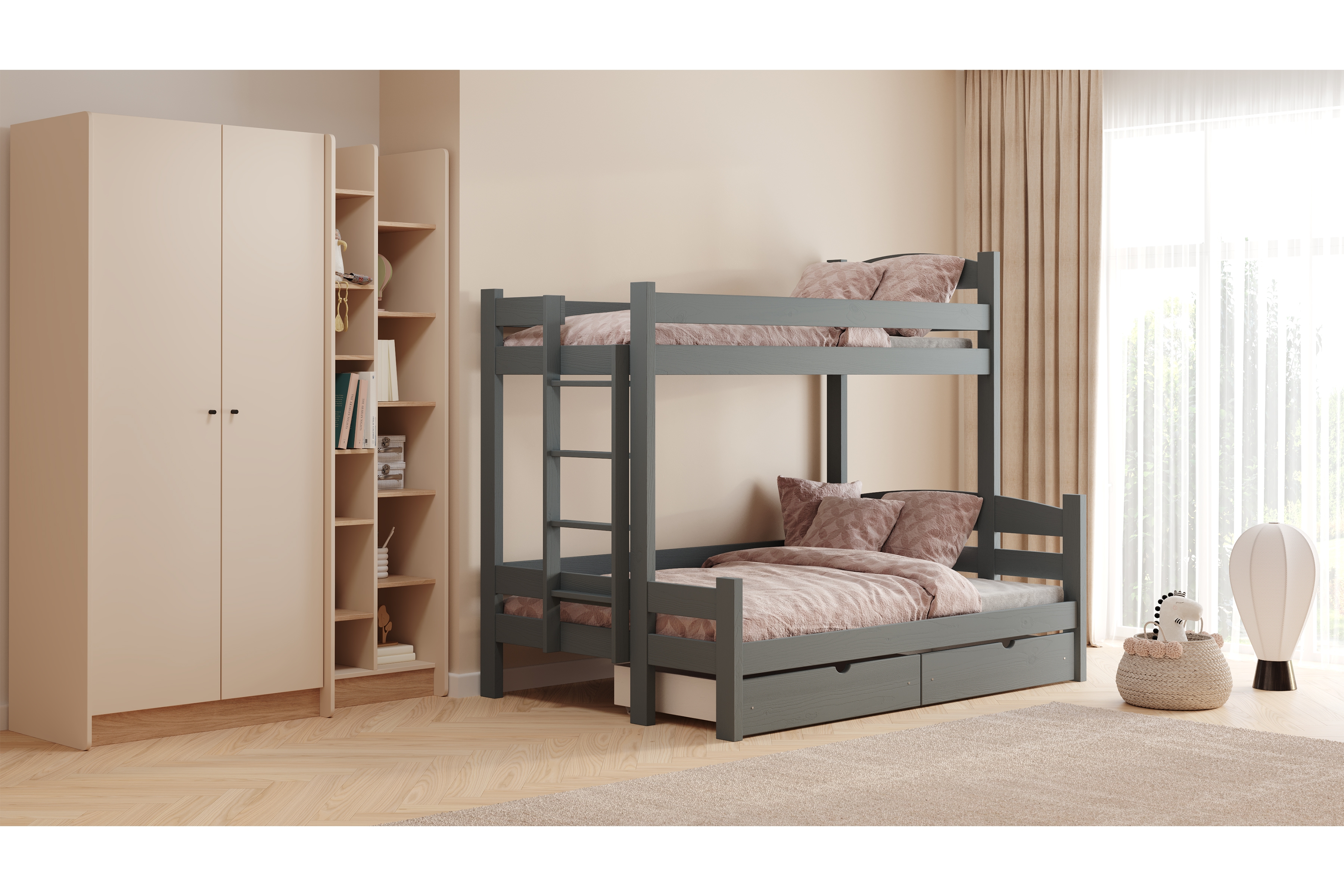 Poschodová posteľ Lovic so zásuvkami ľavá - grafit, 90x200/140x200 Posteľ poschodová Lovic 90x200/140x200 so zásuvkami ľavá strana - grafit