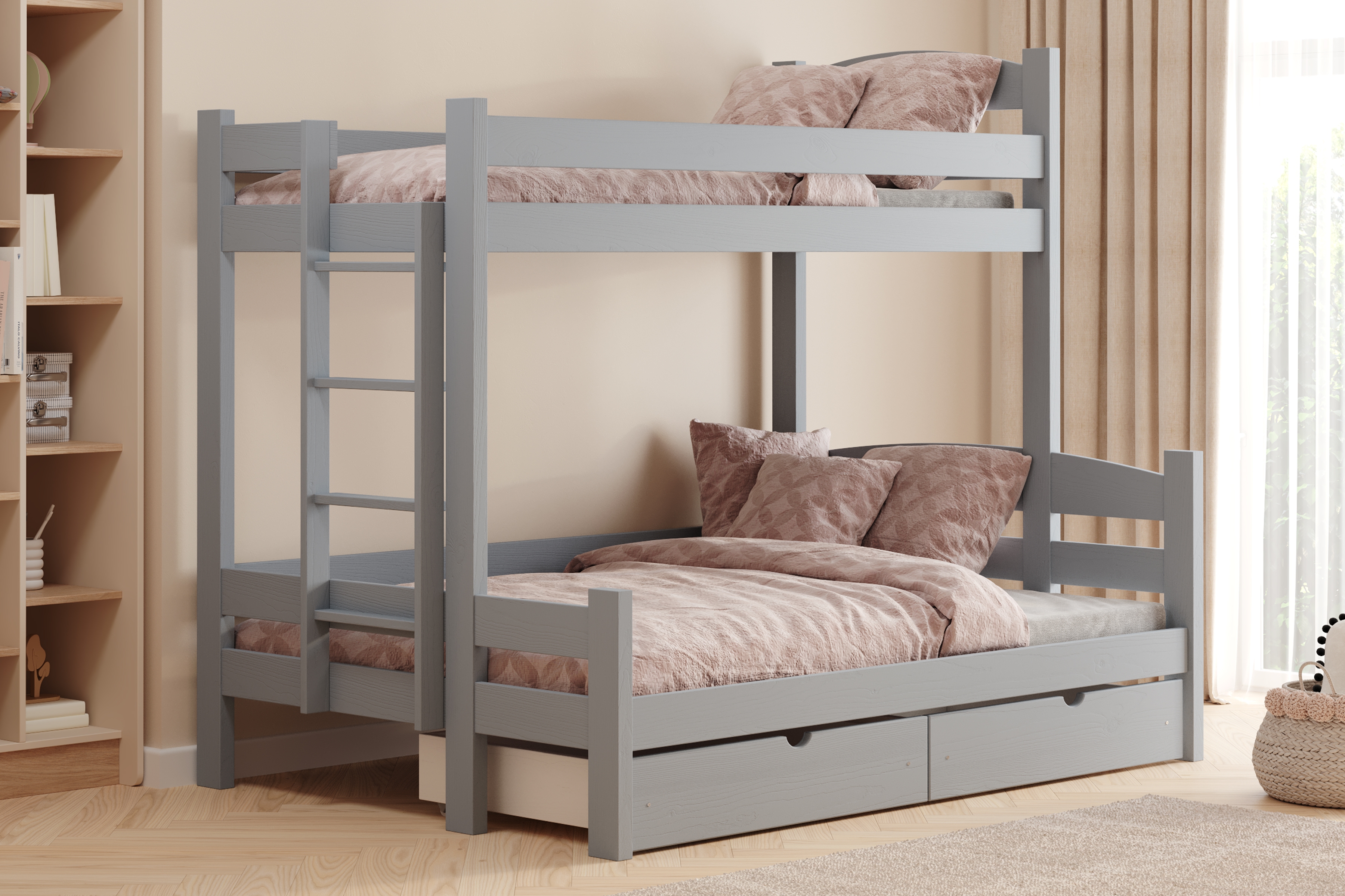 Poschodová posteľ Lovic so zásuvkami ľavá - šedý, 90x200/140x200 Posteľ poschodová Lovic 90x200/140x200 so zásuvkami ľavá strana - šedý