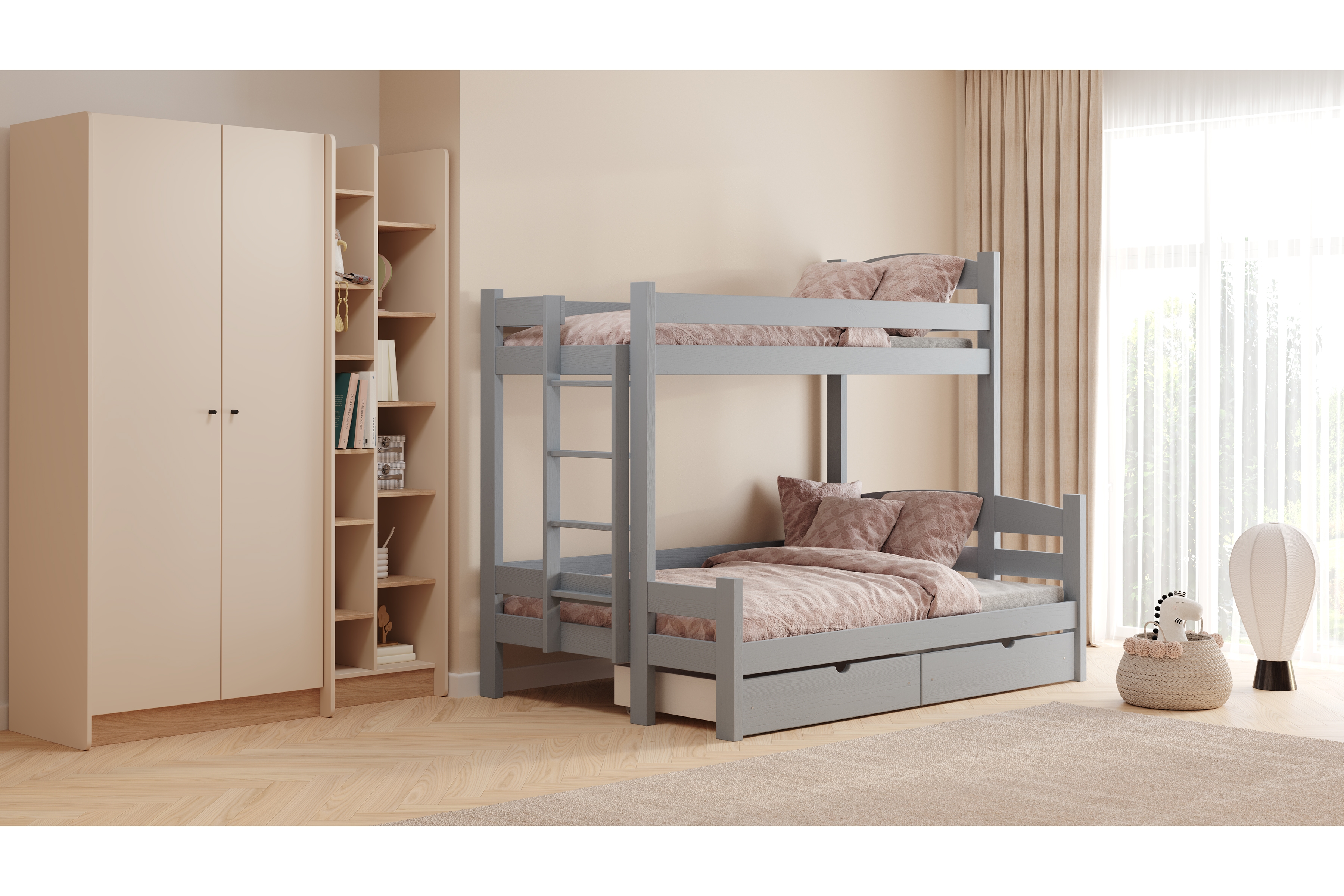 Poschodová posteľ Lovic so zásuvkami ľavá - šedý, 90x200/140x200 Posteľ poschodová Lovic 90x200/140x200 so zásuvkami ľavá strana - šedý