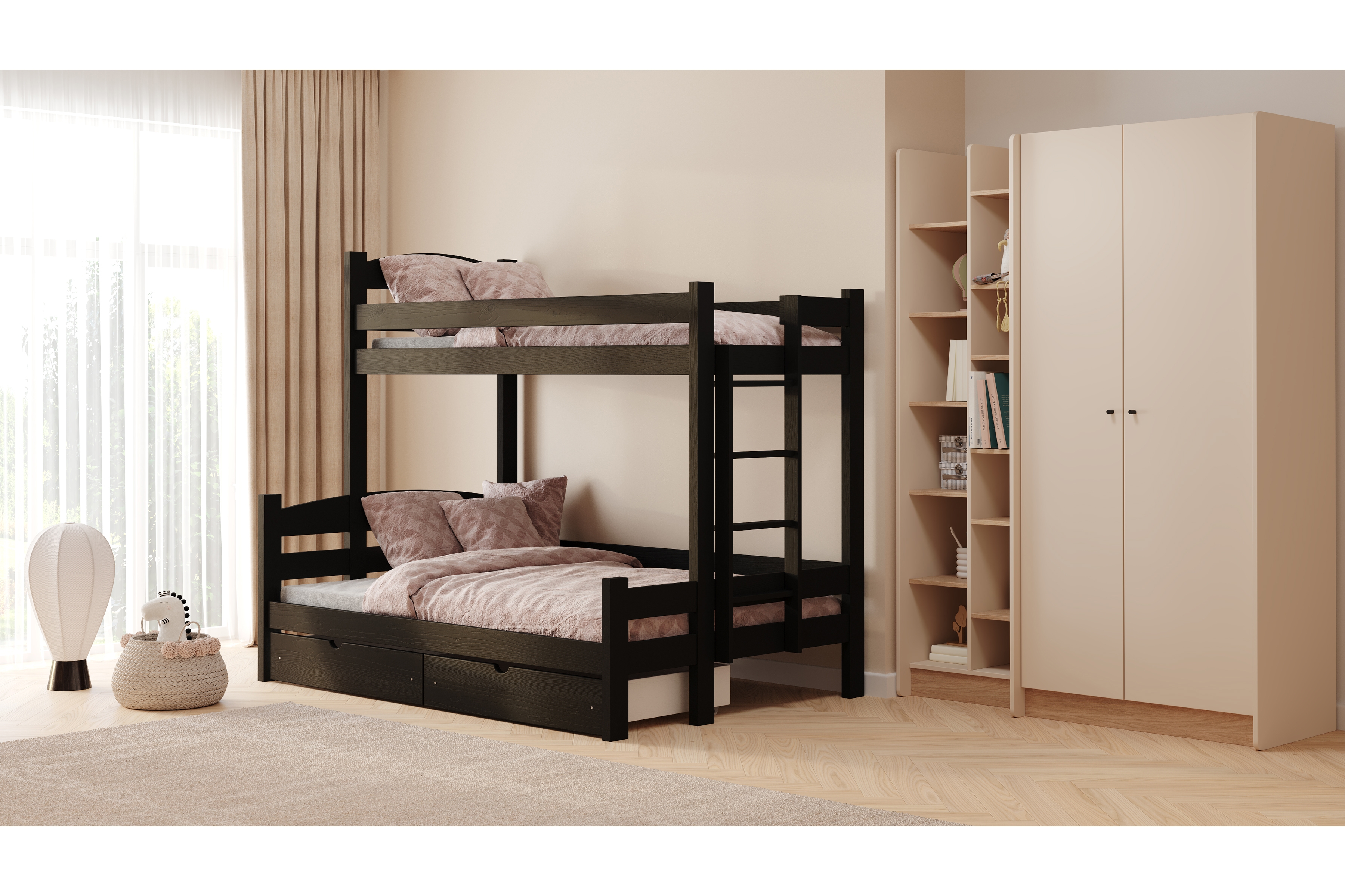 Poschodová posteľ Lovic so zásuvkami pravá - čierny, 90x200/140x200 Posteľ poschodová Lovic 90x200/140x200 so zásuvkami pravá strana - Čierny 