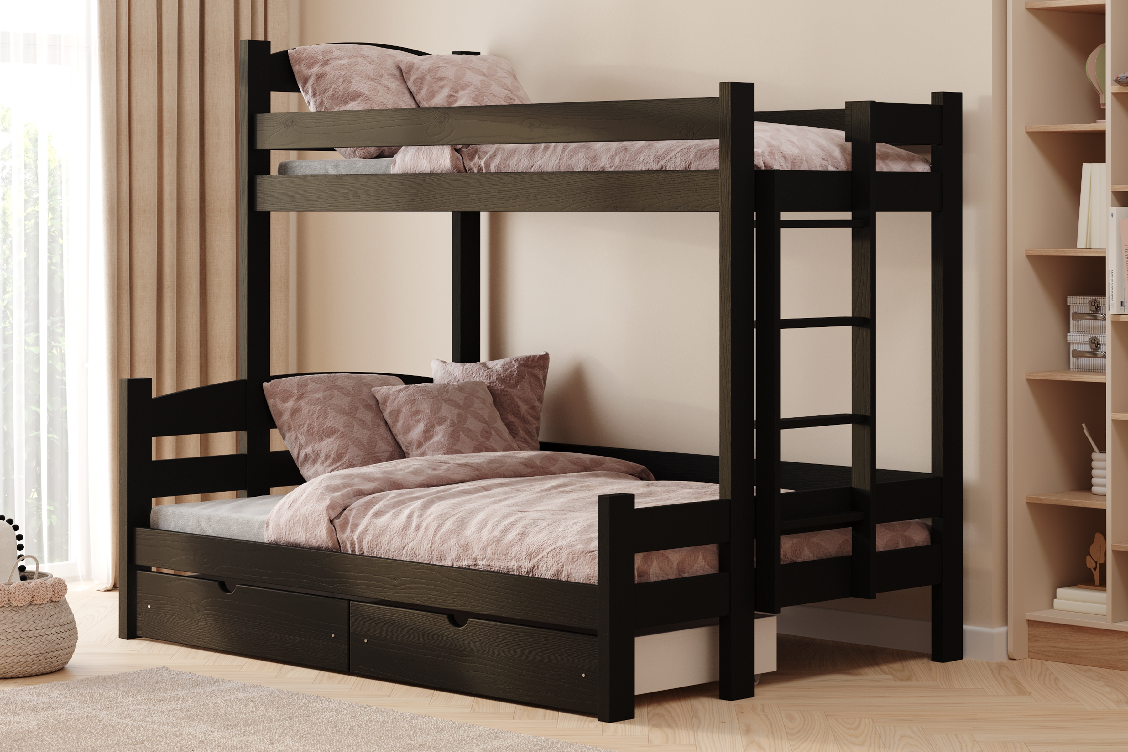 Poschodová posteľ Lovic so zásuvkami pravá - čierny, 90x200/140x200 Posteľ poschodová Lovic 90x200/140x200 so zásuvkami pravá strana - Čierny 