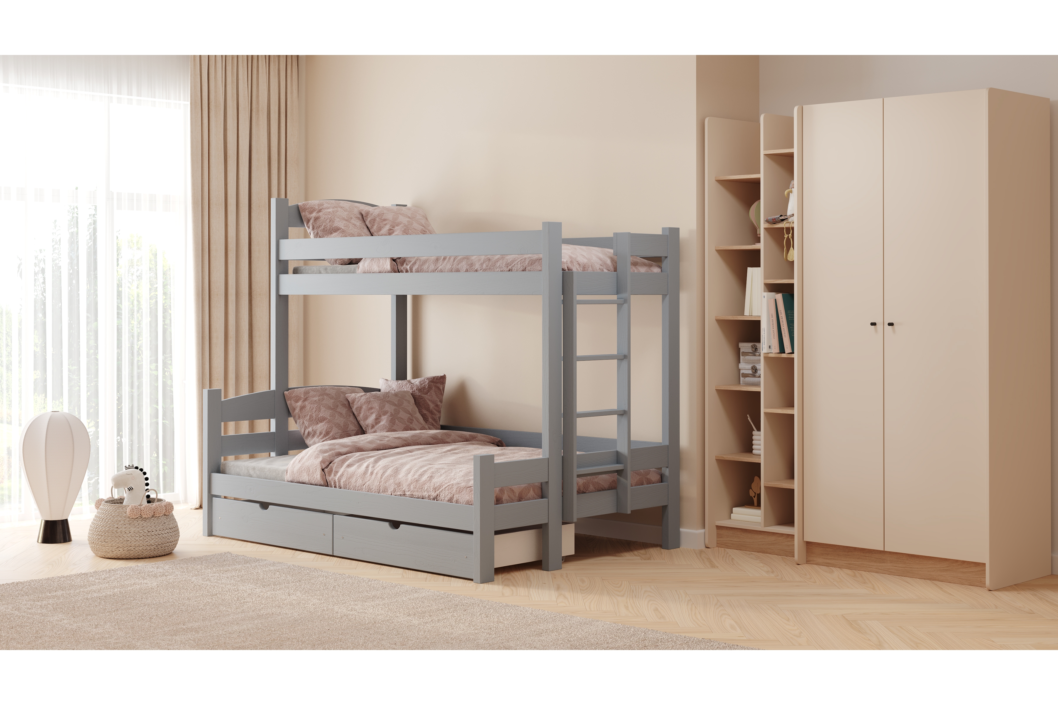 Poschodová posteľ Lovic so zásuvkami pravá - šedý, 90x200/140x200 Posteľ poschodová Lovic 90x200/140x200 so zásuvkami pravá strana - šedý 