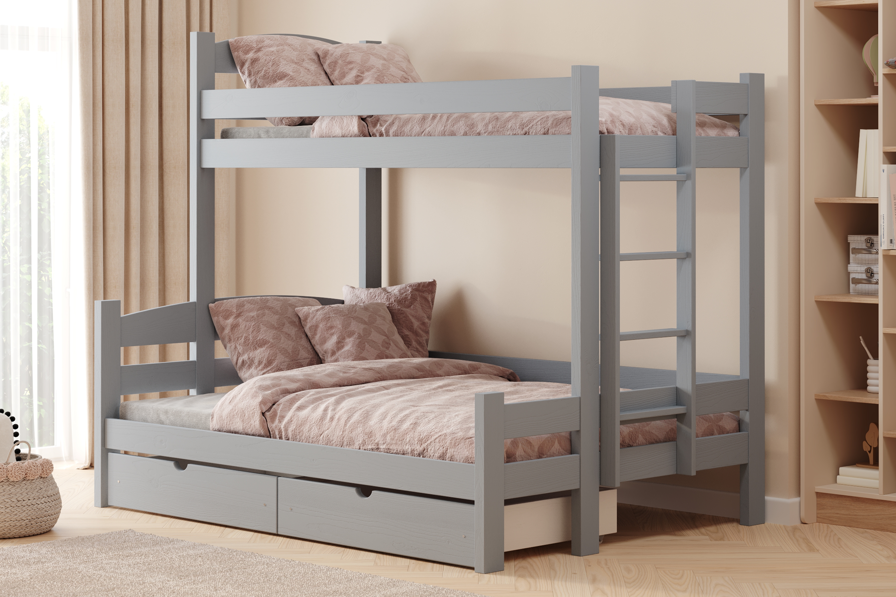 Poschodová posteľ Lovic so zásuvkami pravá - šedý, 90x200/140x200 Posteľ poschodová Lovic 90x200/140x200 so zásuvkami pravá strana - šedý 