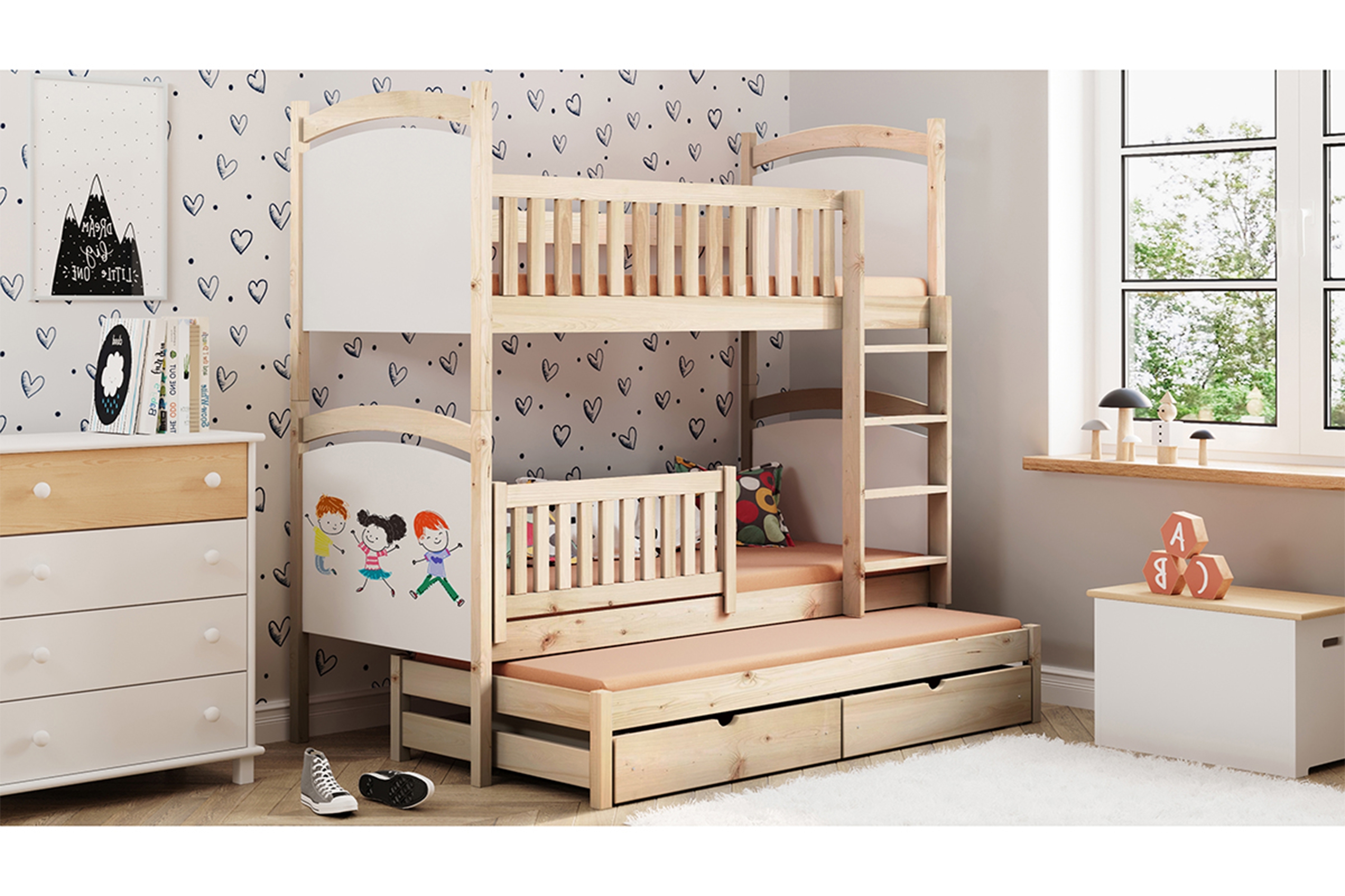 Patrová výsuvná postel Amely s tabulí na fixy 80x200 cm - borovice Postel patrová  výsuvná z tablica suchoscieralna Amely - borovice, 80x200