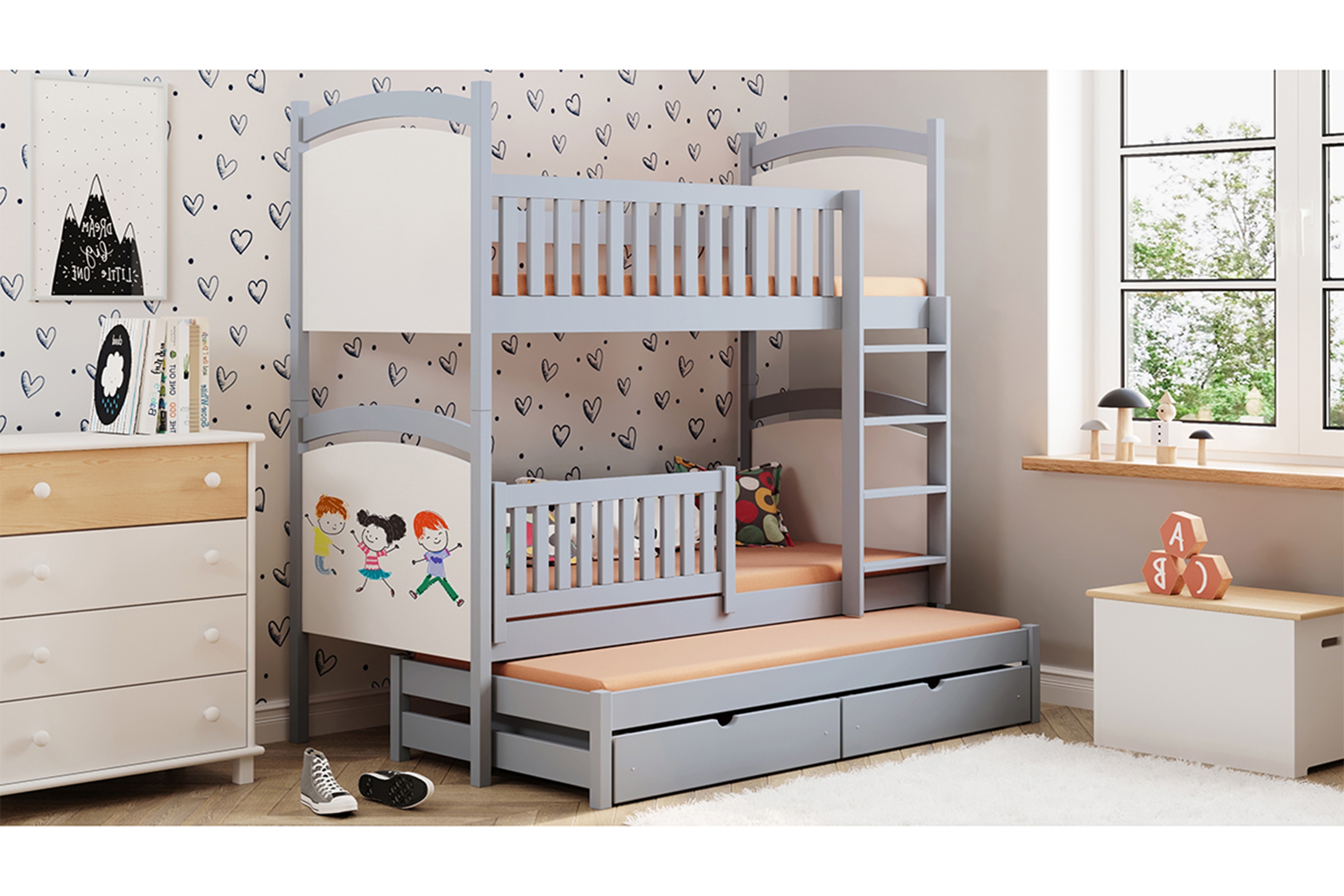 Patrová výsuvná postel Amely s tabulí na fixy 90x180 cm - šedá Postel patrová  výsuvná z tablica suchoscieralna Amely - šedá, 90x180