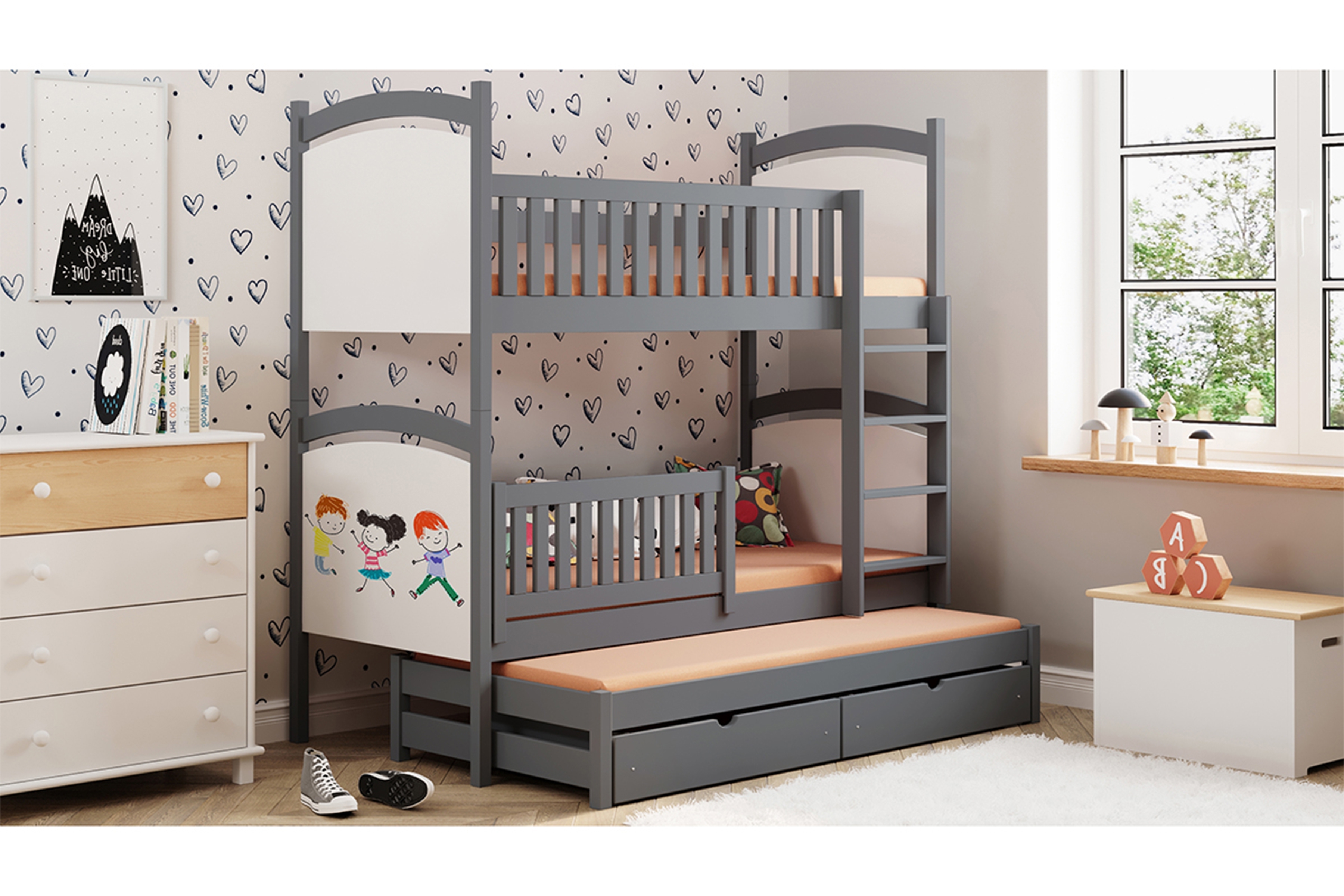 Patrová výsuvná postel Amely s tabulí na fixy 90x200 cm - grafitová Postel patrová  výsuvná z tablica suchoscieralna Amely - 90x200 / grafit