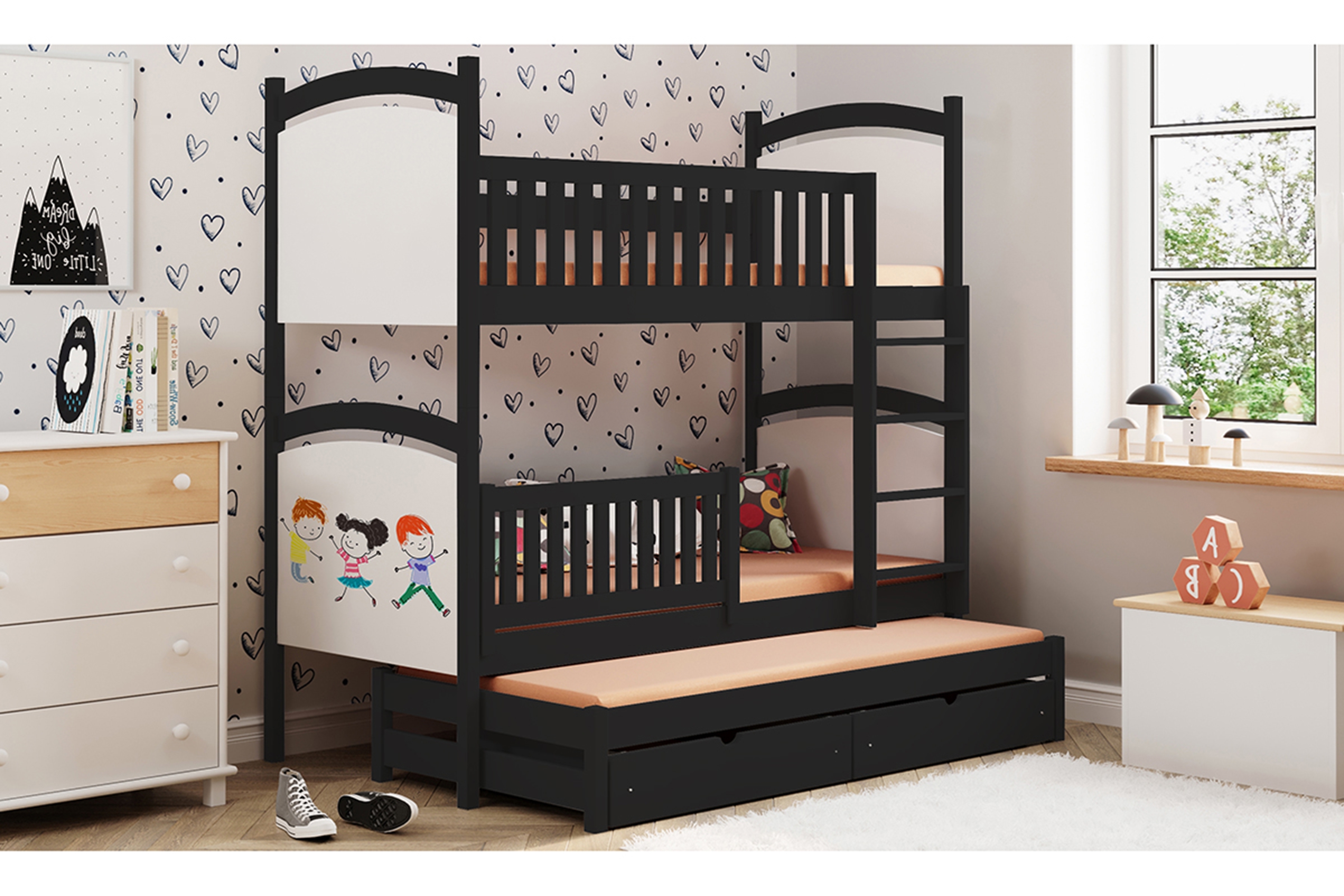 Poschodová posteľ s prístelkou s tabuľou Amely - Čierny, 90x180 Posteľ poschodová výsuvna z tablica suchoscieralna Amely - 90x180 / Čierny 