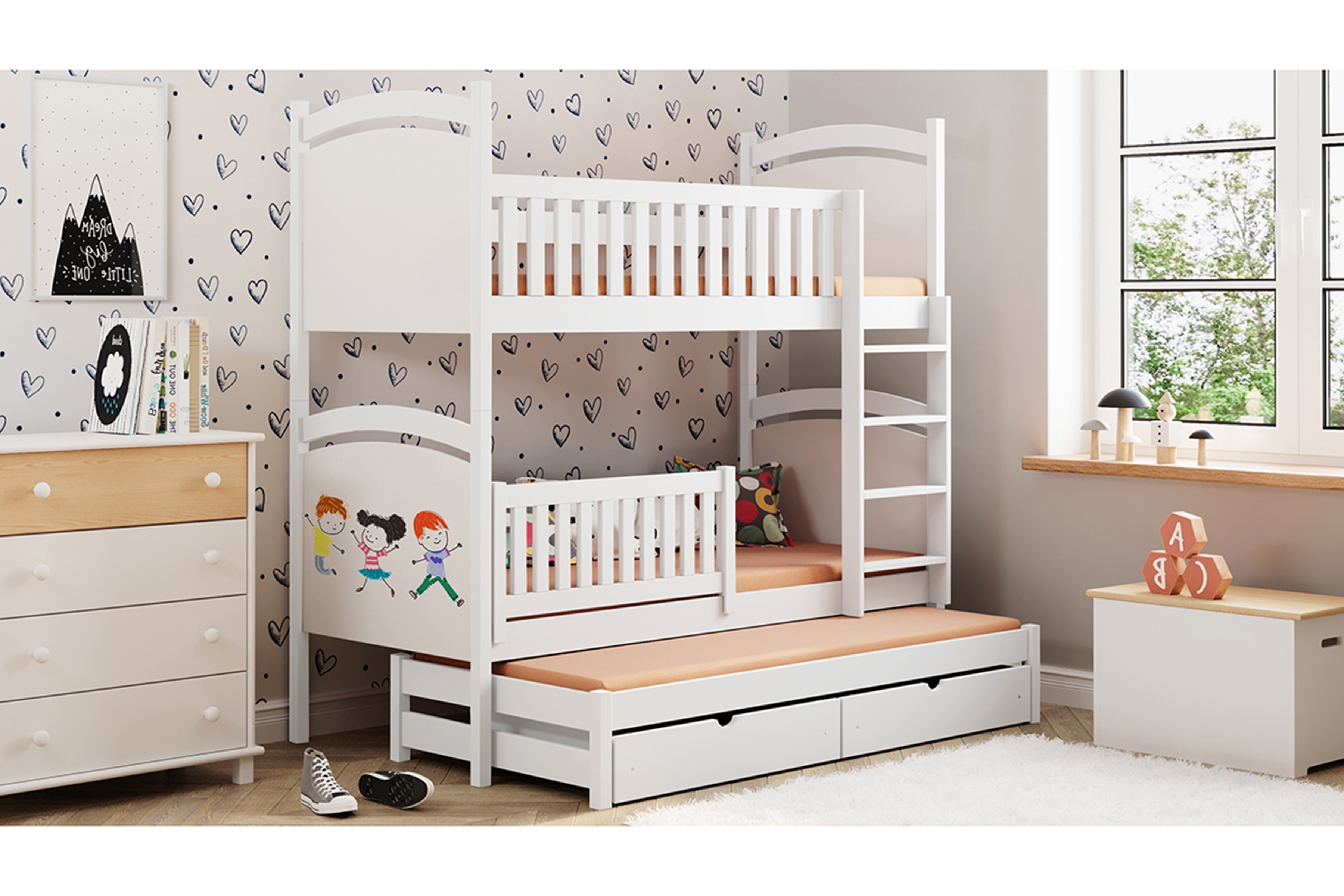 Patrová výsuvná postel Amely s tabulí na fixy 80x160 cm - bílá Postel patrová  výsuvná z tablica suchoscieralna Amely - 80x160 / bílá