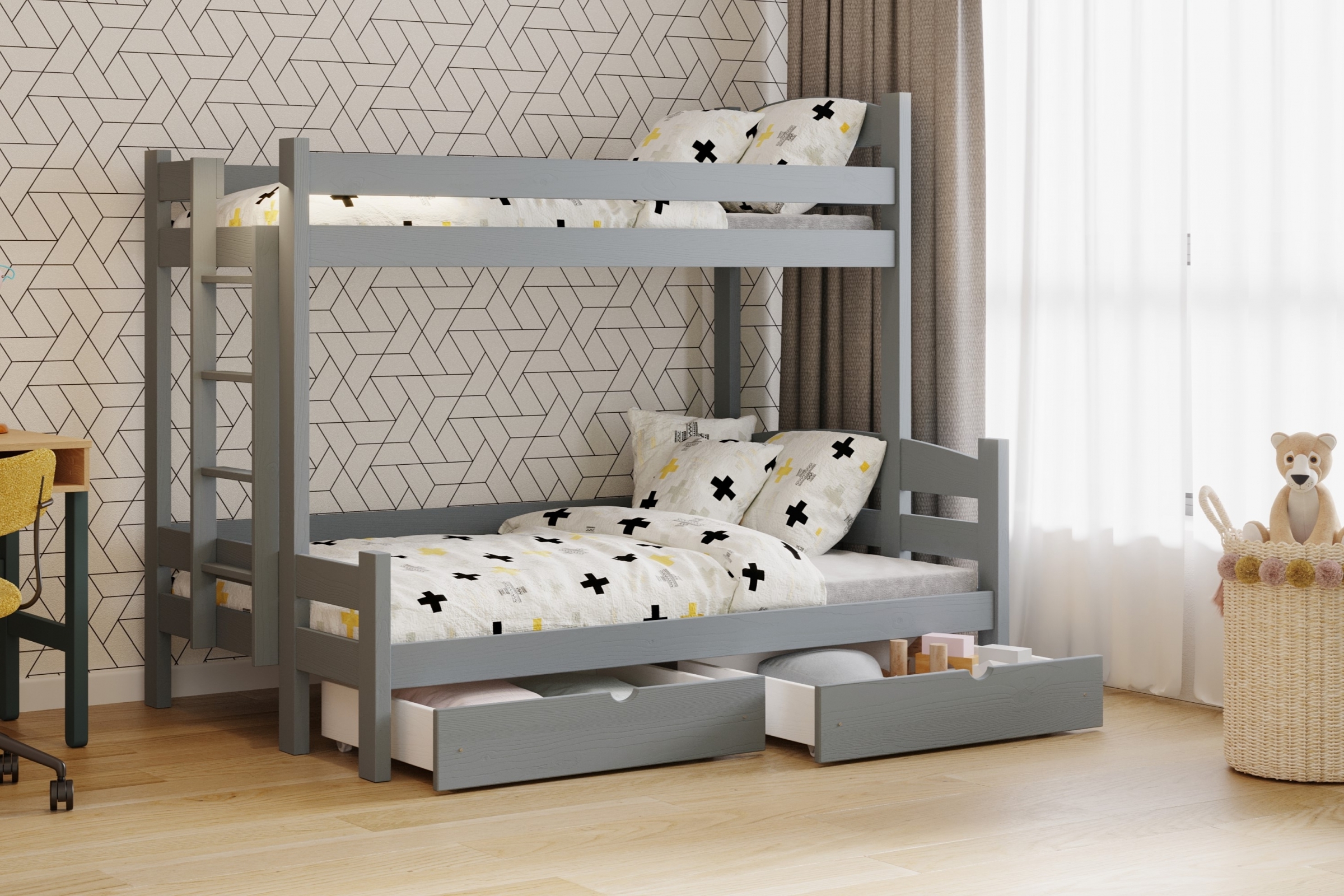 Poschodová posteľ Lovic so zásuvkami ľavá - grafit, 80x200/120x200 Posteľ poschodová so zásuvkami Lovic - grafit - vizualizácia