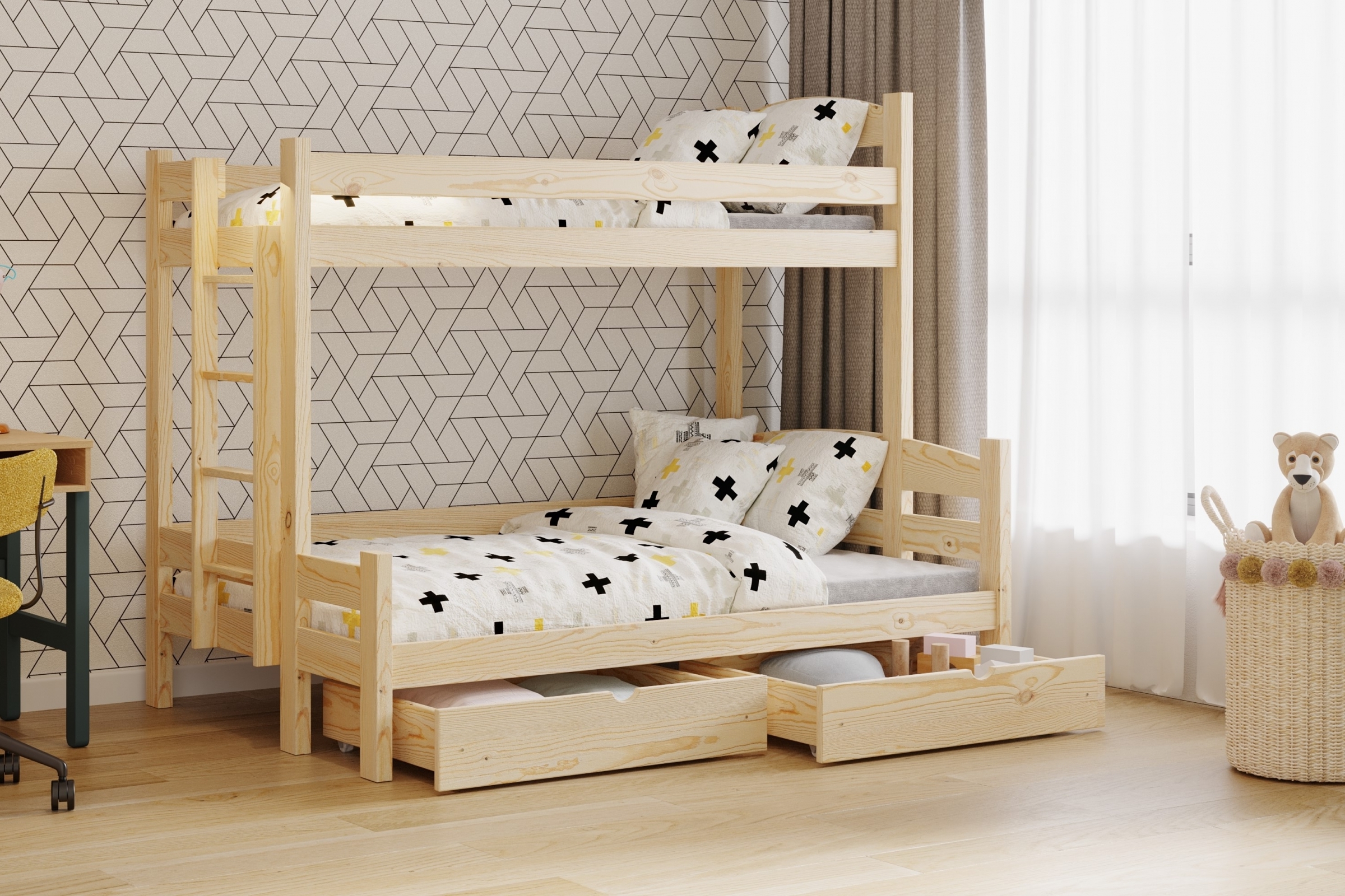 Poschodová posteľ Lovic so zásuvkami ľavá - borovica, 80x200/120x200 Posteľ poschodová so zásuvkami Lovic - Borovica - vizualizácia