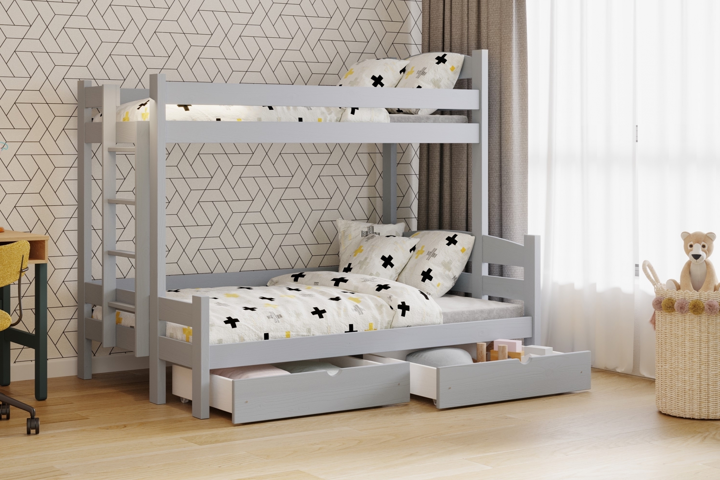 Patrová postel Lovic levá 80x200/140x200 cm - šedá postel patrová  s zásuvkami Lovic - šedý - aranzacja