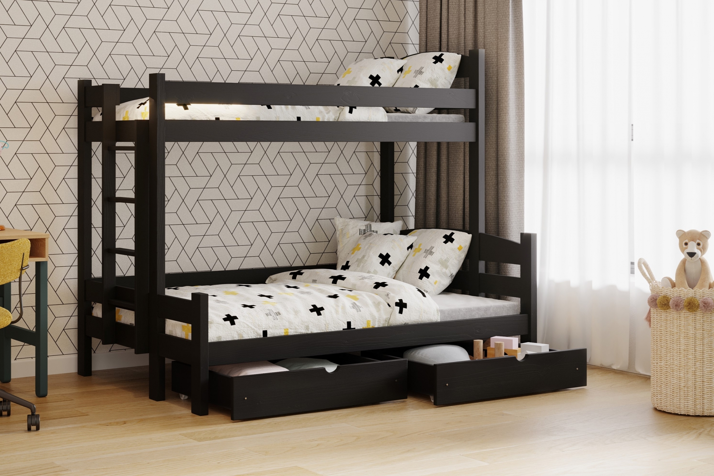 Poschodová posteľ Lovic so zásuvkami ľavá - 90x200/120x200 cm - čierna Posteľ poschodová so zásuvkami Lovic - Čierny - vizualizácia