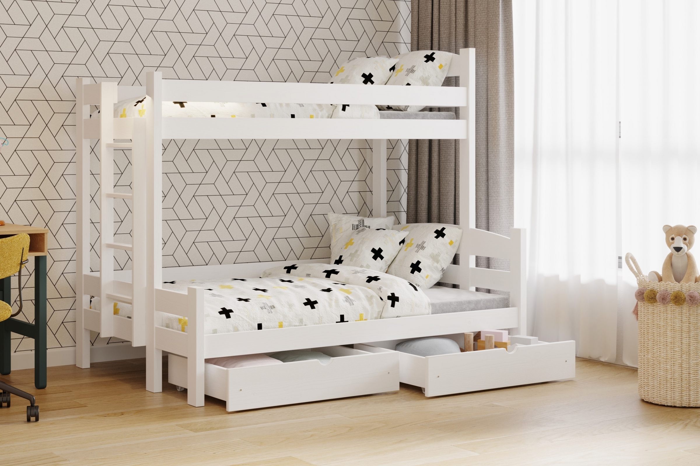 Poschodová posteľ Lovic ľavá - 90x200/140x200 cm - biela Posteľ poschodová so zásuvkami Lovic - Biely - vizualizácia