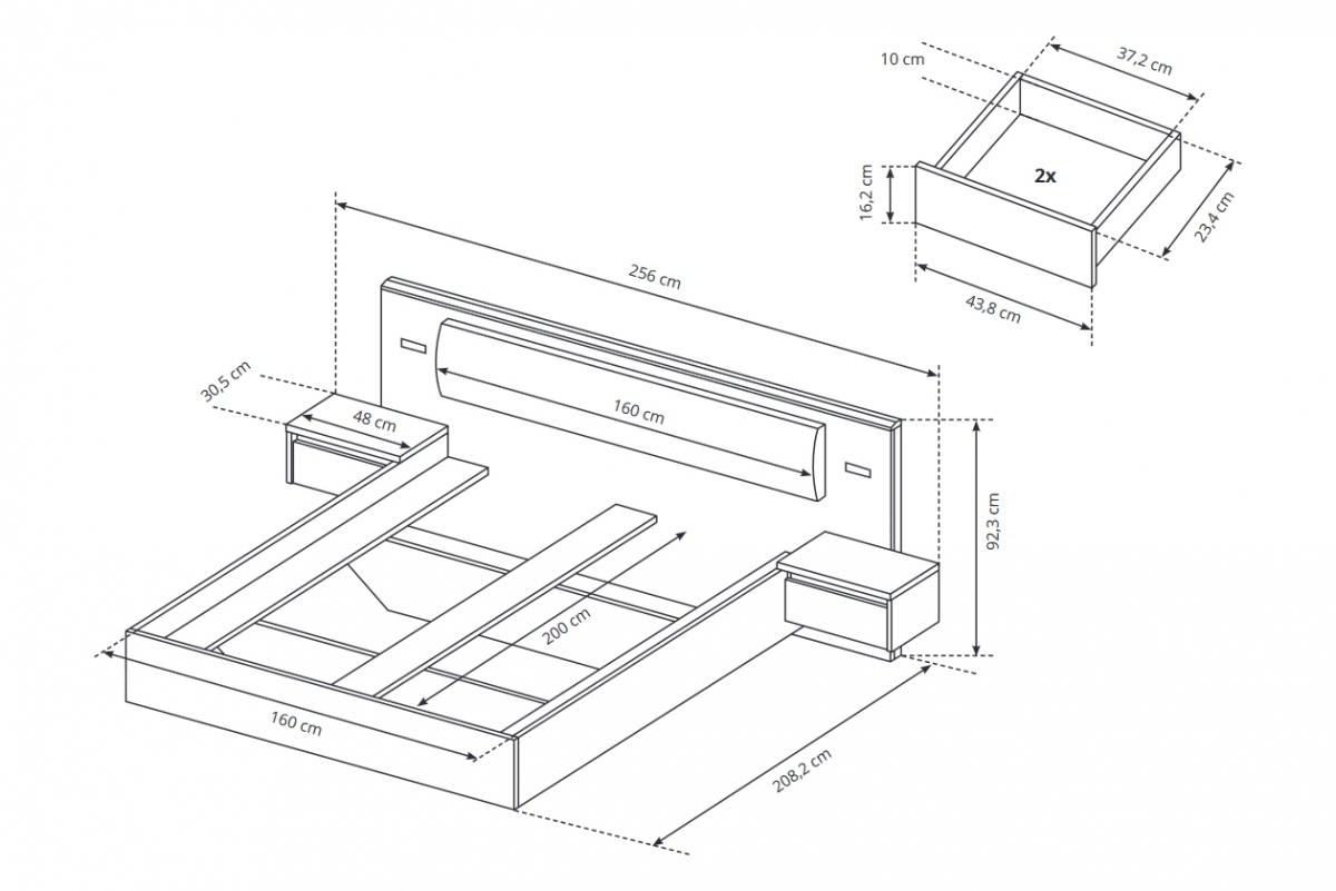 Postel Elazo 160x200 cm s nočními stolky a osvětlením - dub craft / bílá postel do ložnice Elazo z szafkami nocnymi a osvětlením 160x200 - Dub craft/Bílý