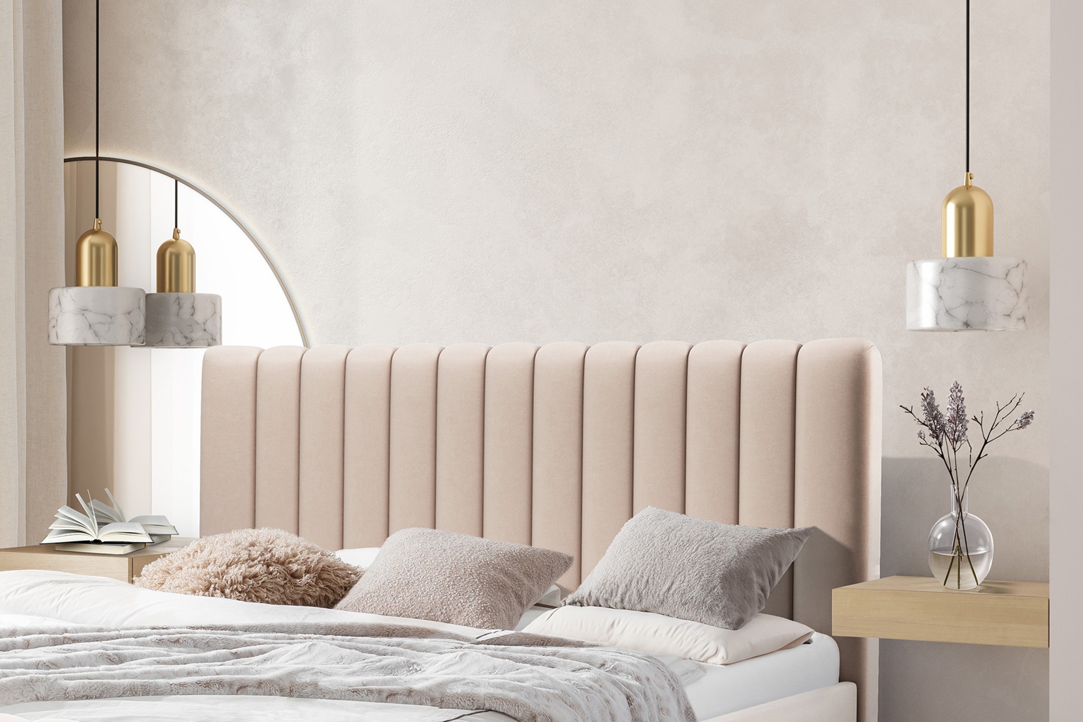 Čalúnená posteľ Nicole 140x200 cm - Velluto 2 / zlaté nožičky Posteľ do  spálňa  Nicole 140x200 - béžový velúr Velluto 2 / nožičky zlote