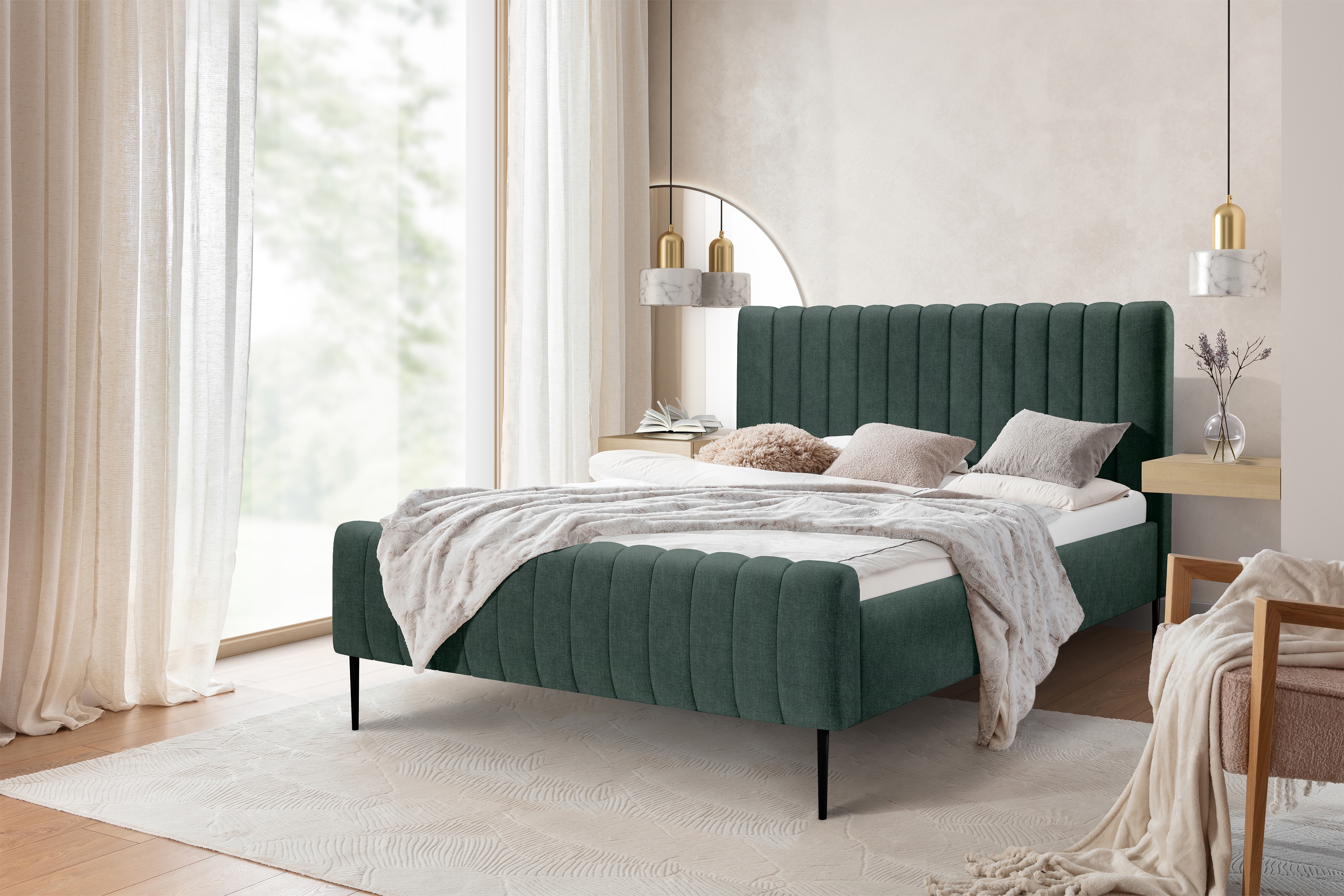 Postel Nicole 140x200 - zelená Vogue 12 / černé nožky - konec série Postel do ložnice Nicole 140x200 - zelená samet Vogue 12 / Nohy černá - Konec série