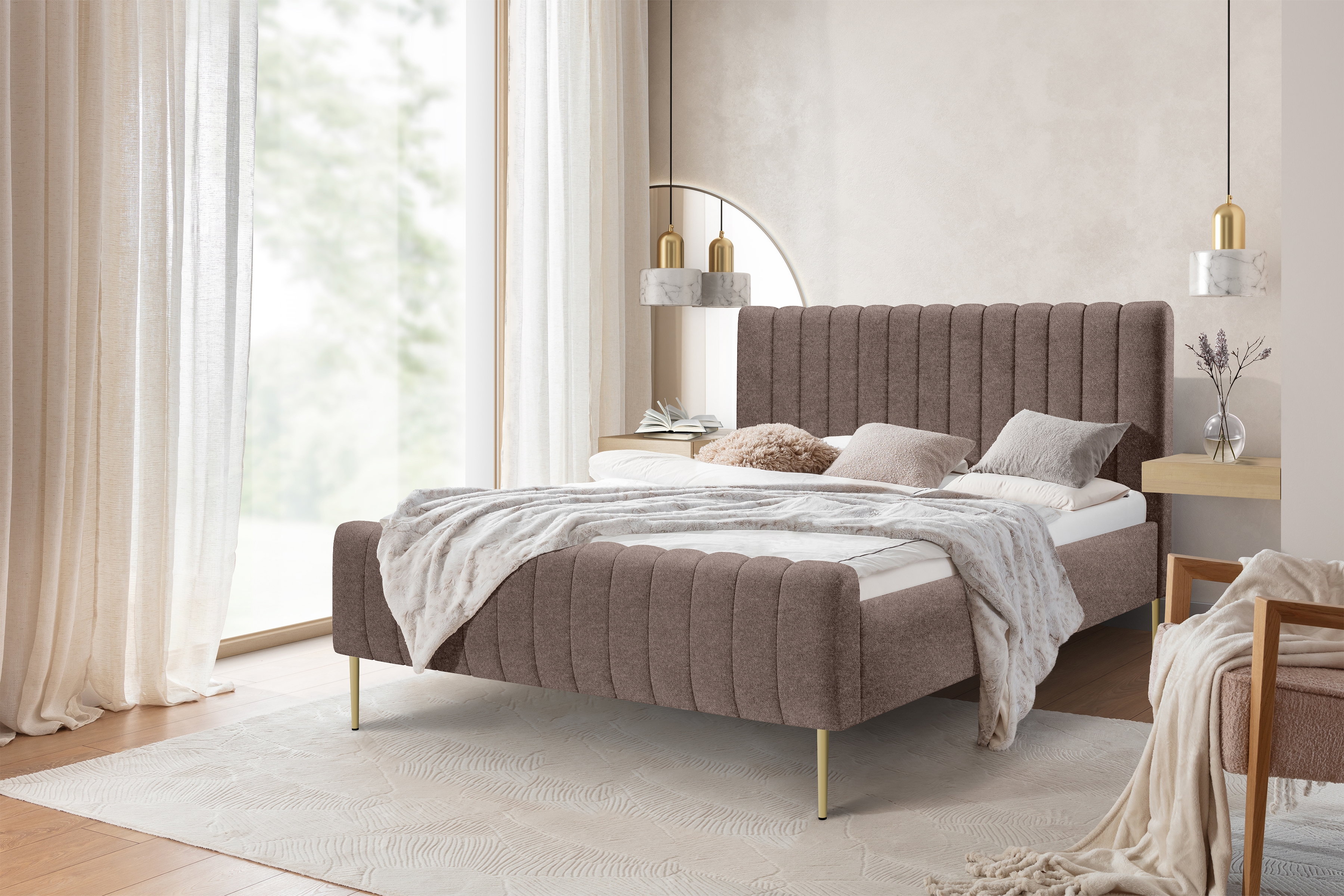 Manželská posteľ Nicole 180x200 - hnedá buklé látka Catch Me 03 / zlaté nožičky Posteľ do  spálňa  Nicole 180x200 - Hnedá boucle Catch Me 03 / nožičky zlote 