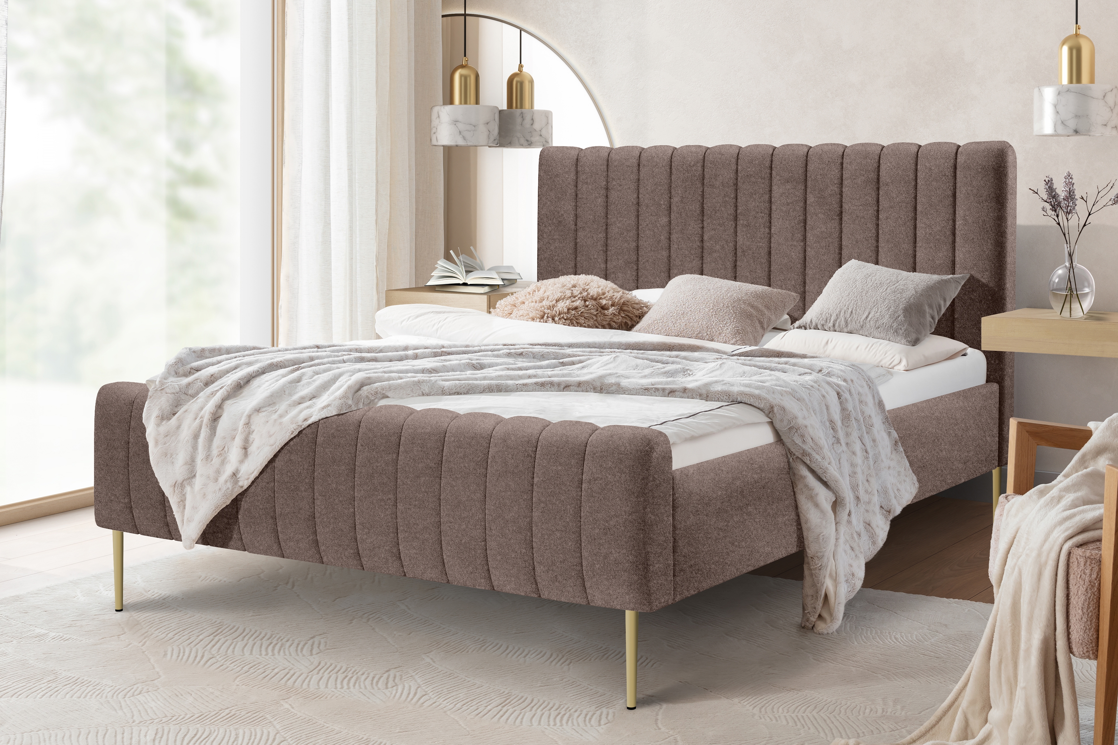 Manželská posteľ Nicole 180x200 - hnedá buklé látka Catch Me 03 / zlaté nožičky Posteľ do  spálňa  Nicole 180x200 - Hnedá boucle Catch Me 03 / nožičky zlote 