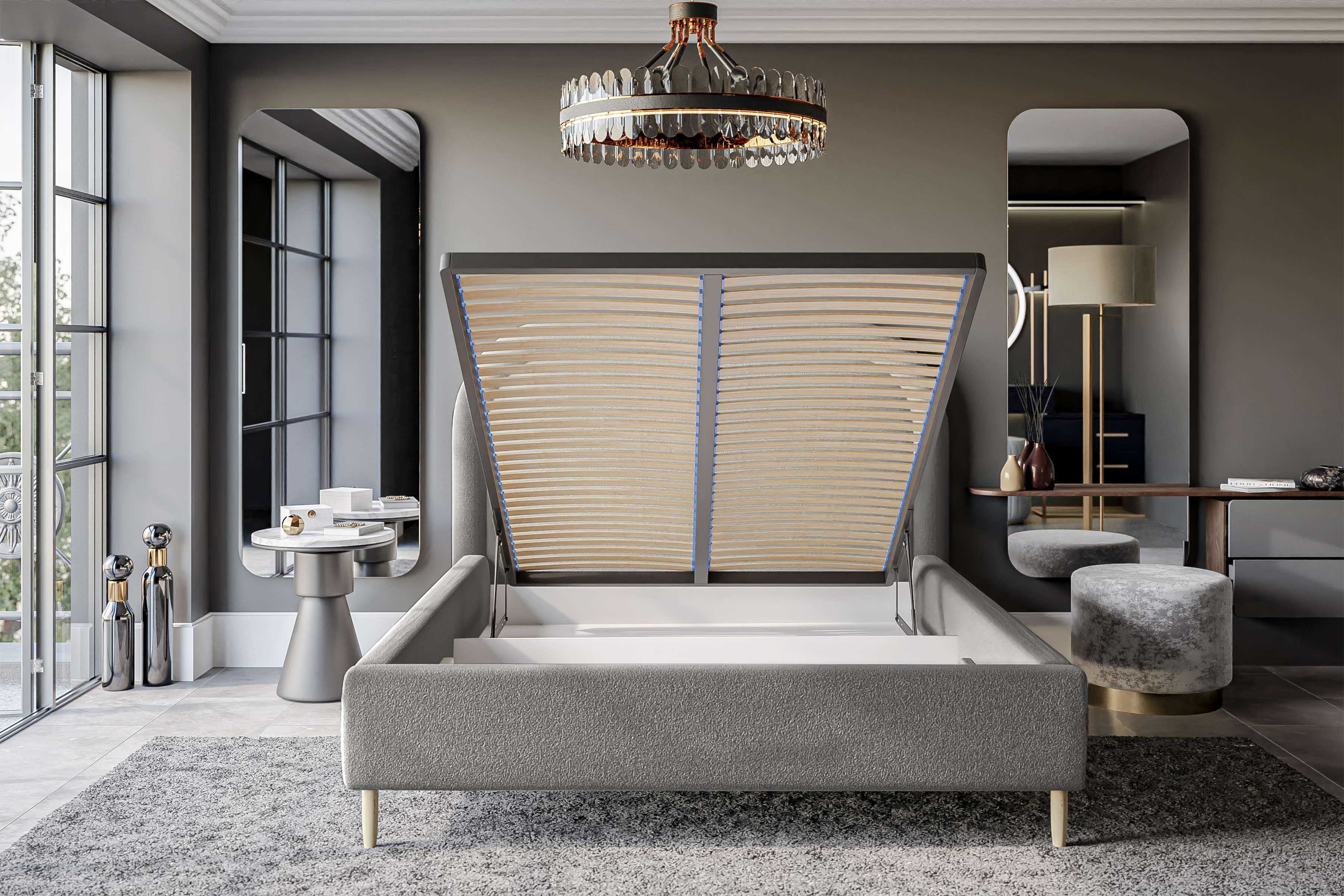 Manželská posteľ s úložným priestorom Delias 160x200 - sivá žinylka Posteľ do  spálňa  s úložným priestorom Delias 160x200 - Popolový šenil Catch Me 24