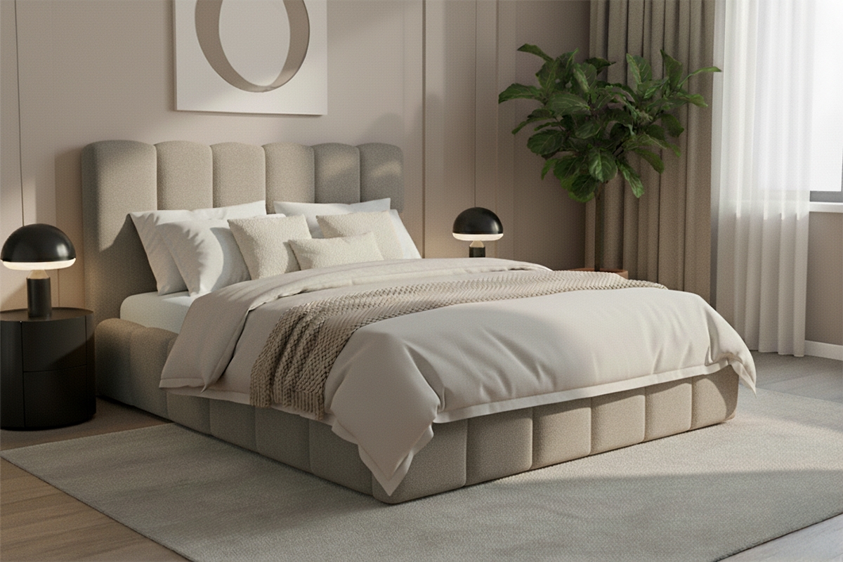 Čalouněná postel Aura 160x200 s úložným prostorem - béžová buklé Quelle 05 Postel čalouněné Aura 160x200 s úložným prostorem- béžová bukla Quelle 05