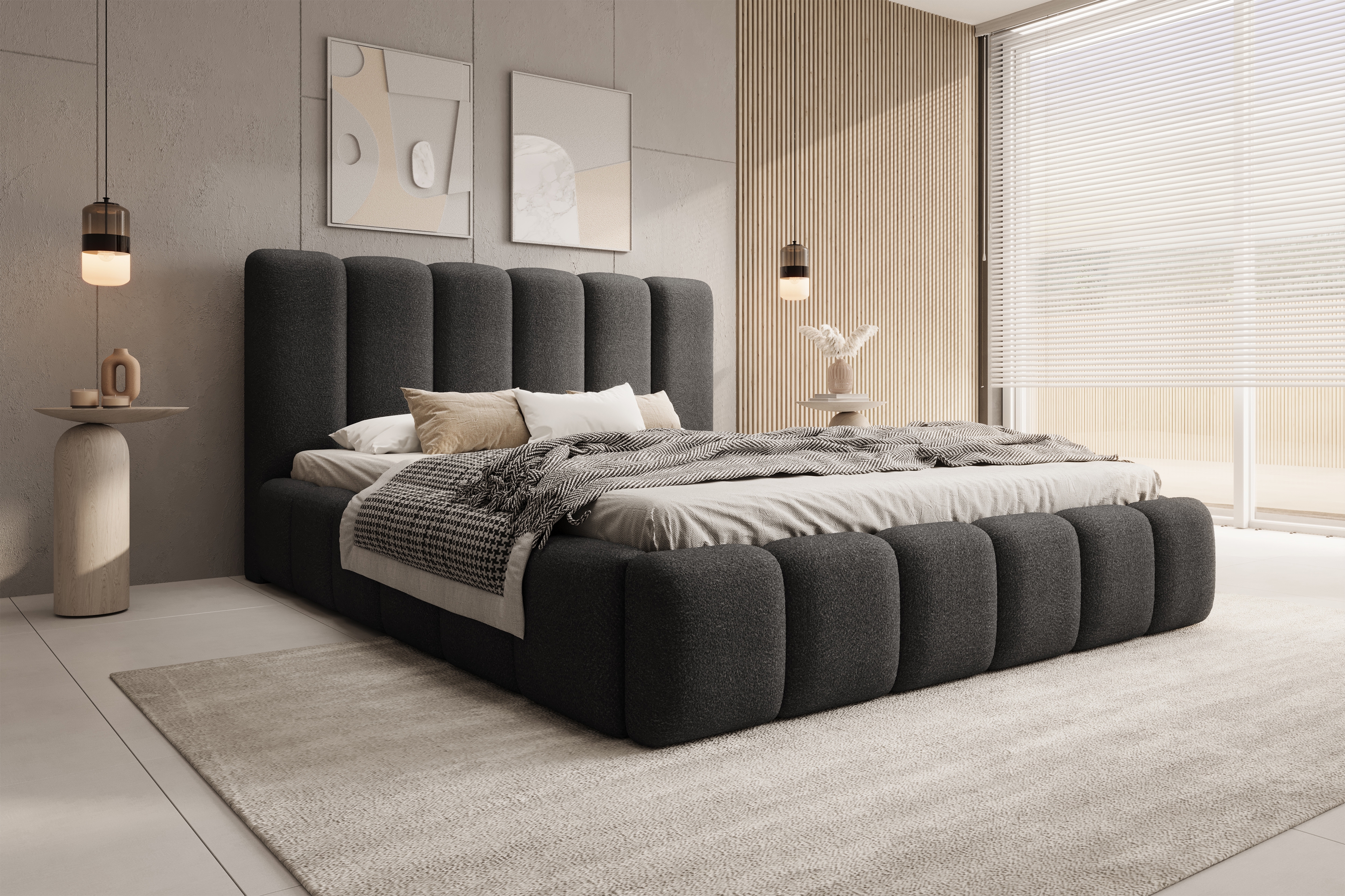 Čalouněná postel Aura 160x200 s úložným prostorem - tmavě šedá buklé Quelle 92 Postel čalouněné Aura 160x200 s úložným prostorem- ciemno šedá bukla Quelle 92