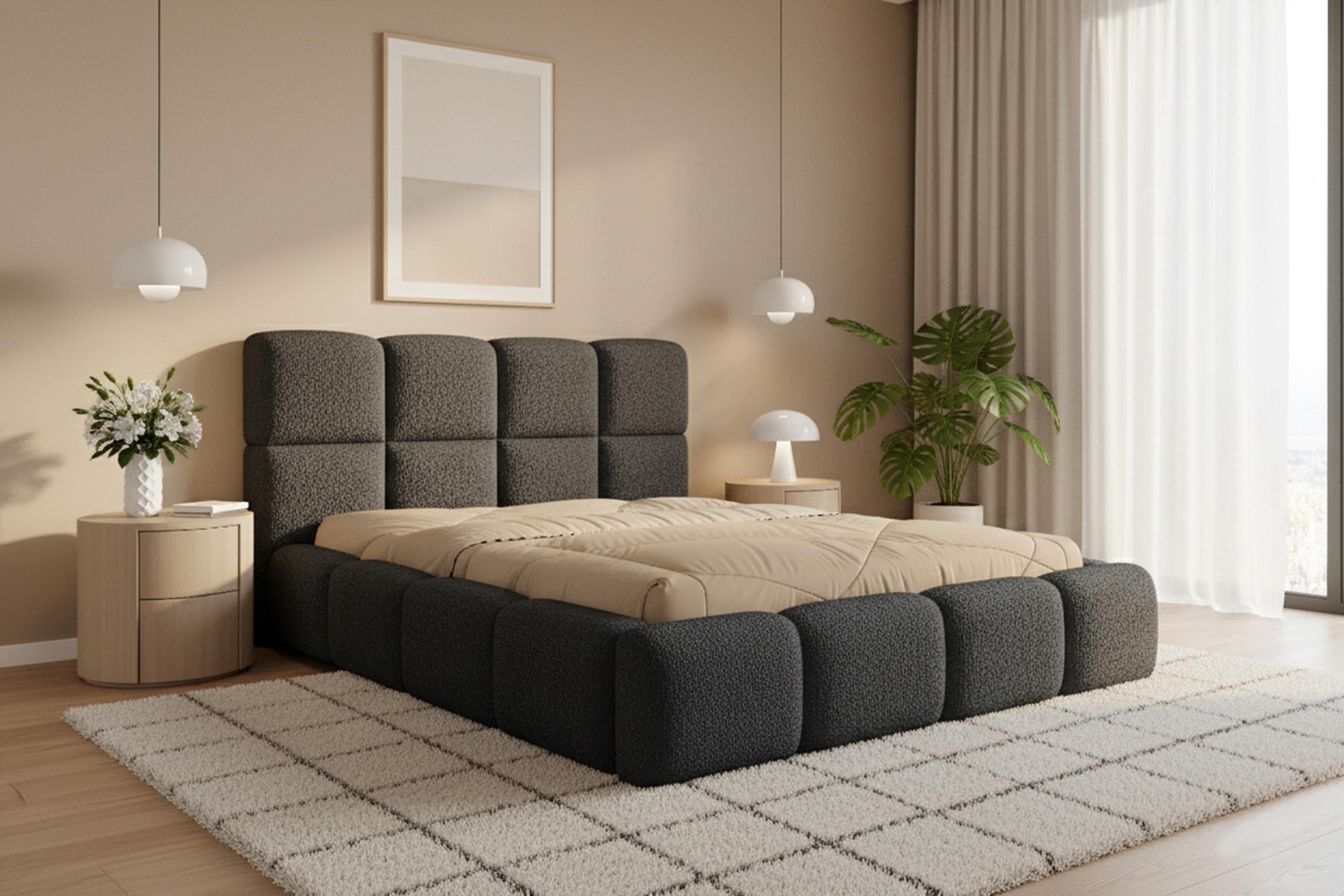Čalúnená manželská posteľ Cloud 160x200 s úložným priestorom - tmavosivá buklé látka Quelle 92 Posteľ čalúnená Cloud 160x200 S vnútorným úložným priestorom- ciemno šedá bukla Quelle 92