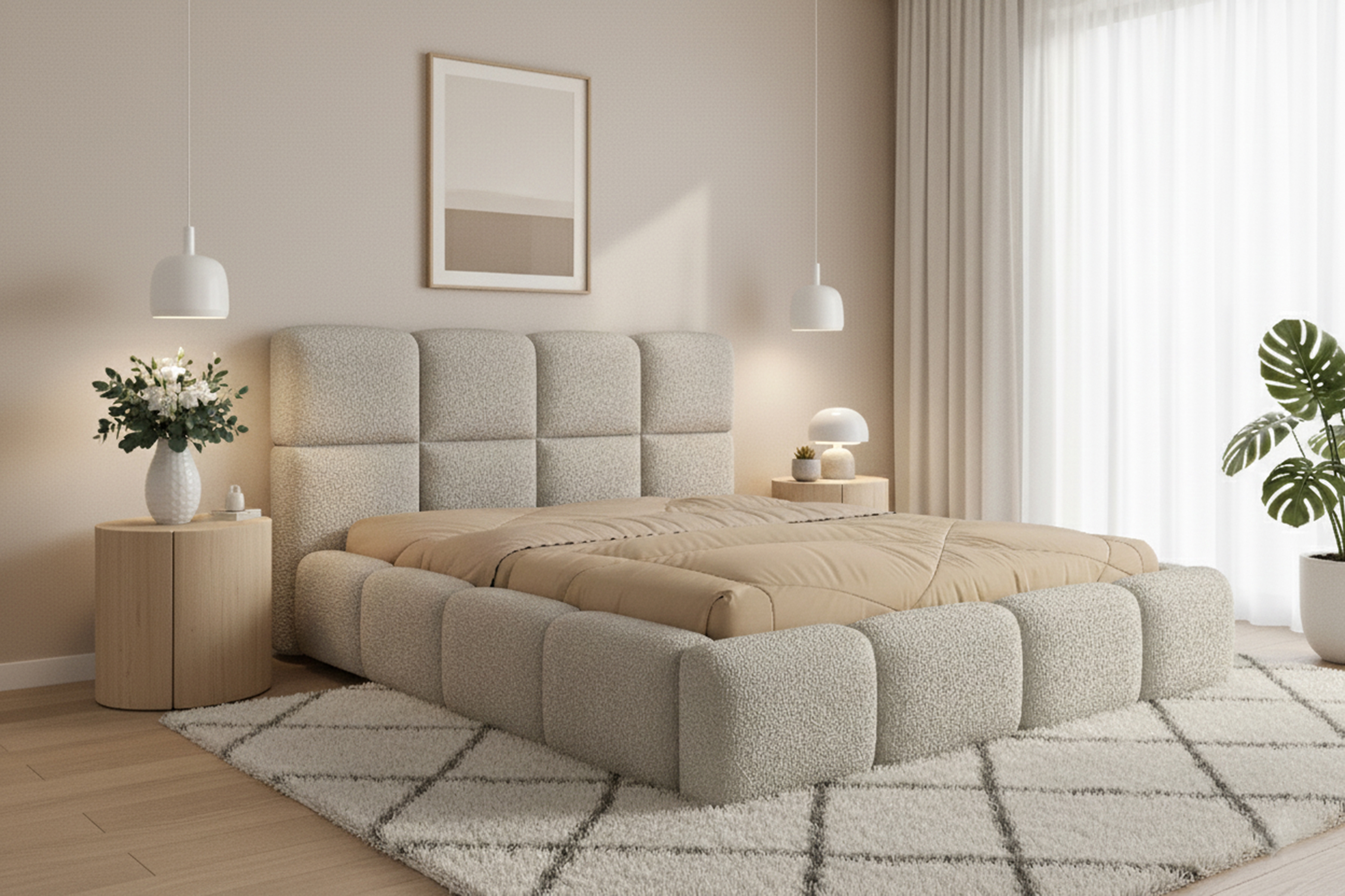 Čalúnená manželská posteľ Cloud 160x200 s úložným priestorom - svetlobéžová buklé látka Quelle 02 Posteľ čalúnená Cloud 160x200 S vnútorným úložným priestorom- svetlý Béžová bukla Quelle 02 