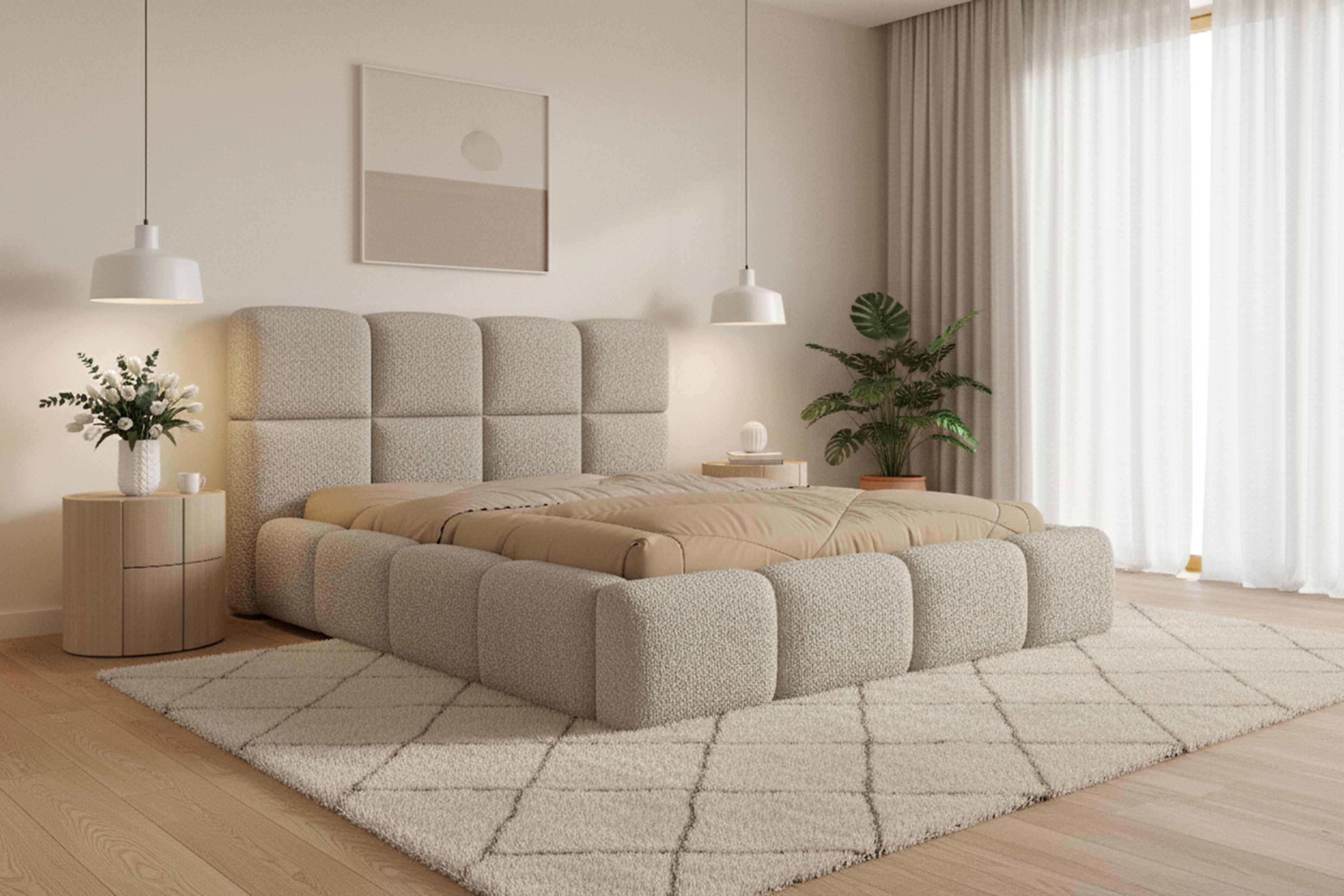 Čalúnená manželská posteľ Cloud 180x200 s úložným priestorom - béžová buklé látka Quelle 05 Posteľ čalúnená Cloud 180x200 S vnútorným úložným priestorom- Béžová bukla Quelle 05 