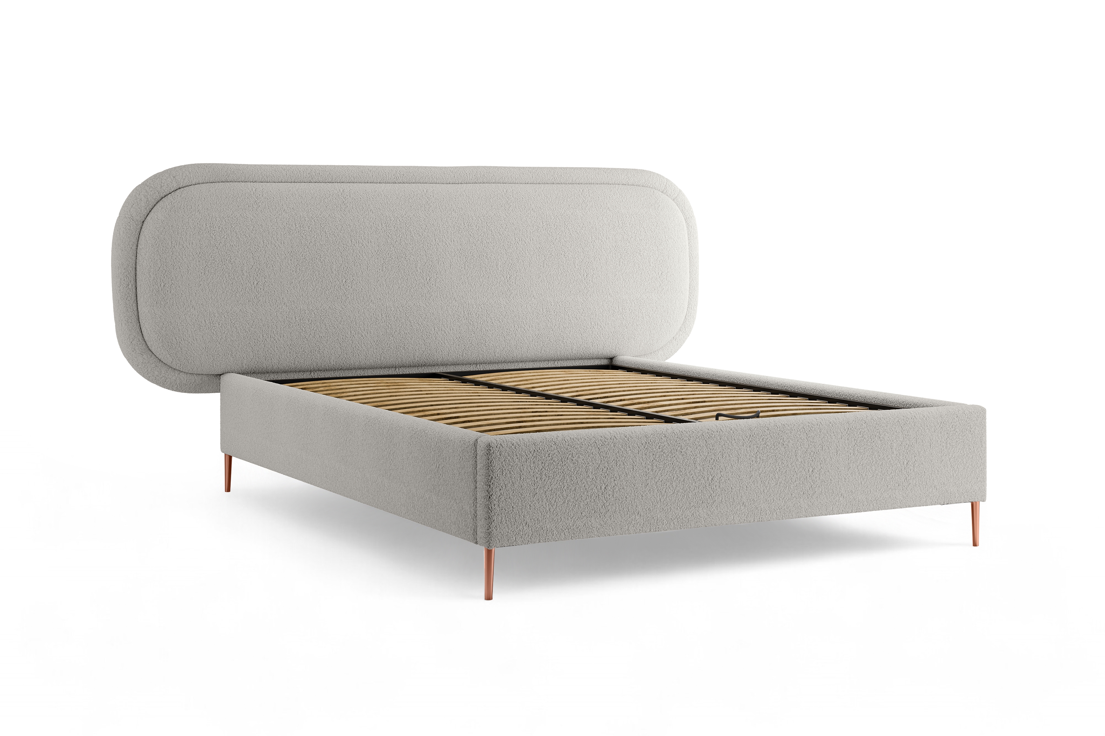 Čalouněná postel Delmi 160x200 s roštem - popelavá boucle Lambi 11 / měděné nohy Postel čalouněné Delmi 160x200 ze stelazem - popielata boucle Lambi 11 / Nohy miedziane 