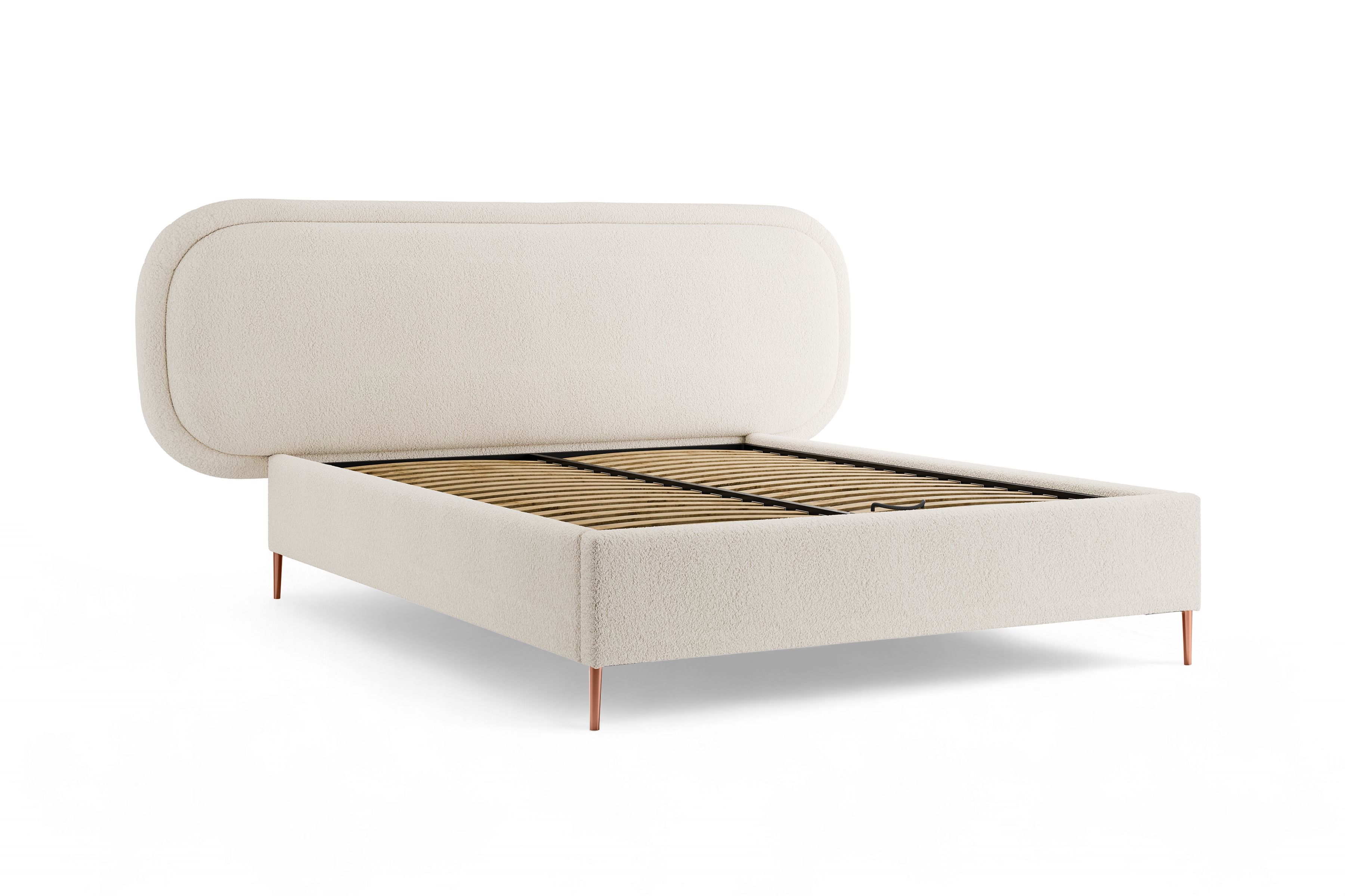 Čalouněná postel Delmi 180x200 s roštem - světle béžová boucle Lambi 8 / měděné nohy Postel čalouněné Delmi 180x200 ze stelazem - světlý béžová boucle Lambi 8 / Nohy miedziane 